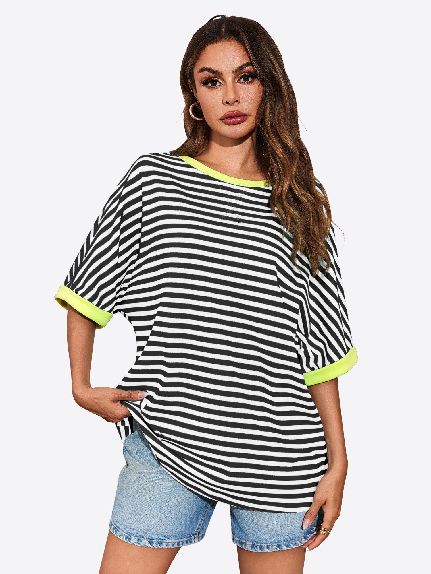 Imily Bela T-Shirt Damen Oversize Streifenmuster und Kontrastborten Relaxed Fit (Packung, 1-tlg., 1per-Pack) mit X-förmige Naht am Hundhalsausschnitt