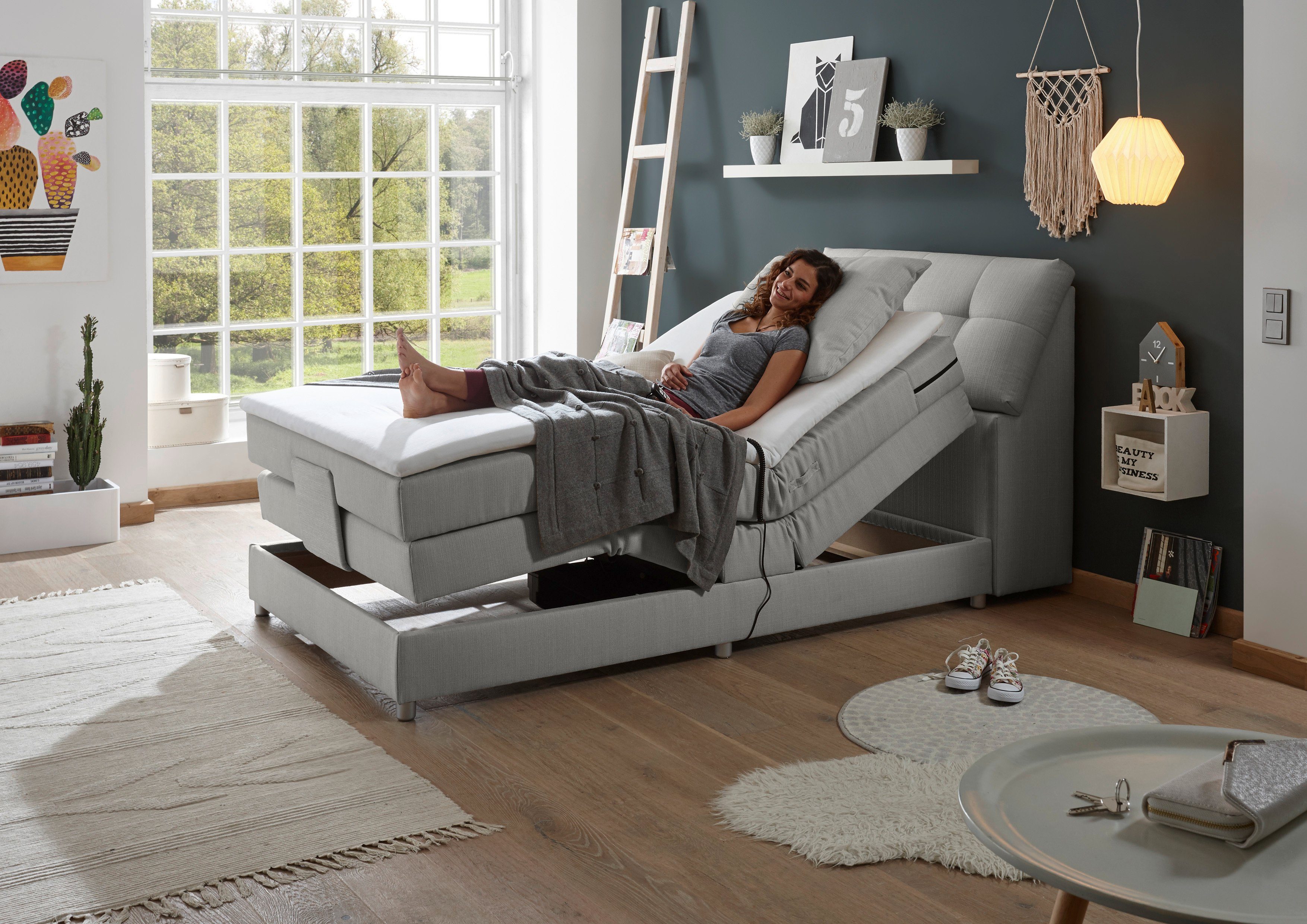 ED EXCITING DESIGN Boxspringbett Concord, inkl. Motor, Stauraum im Kopfteil und Topper