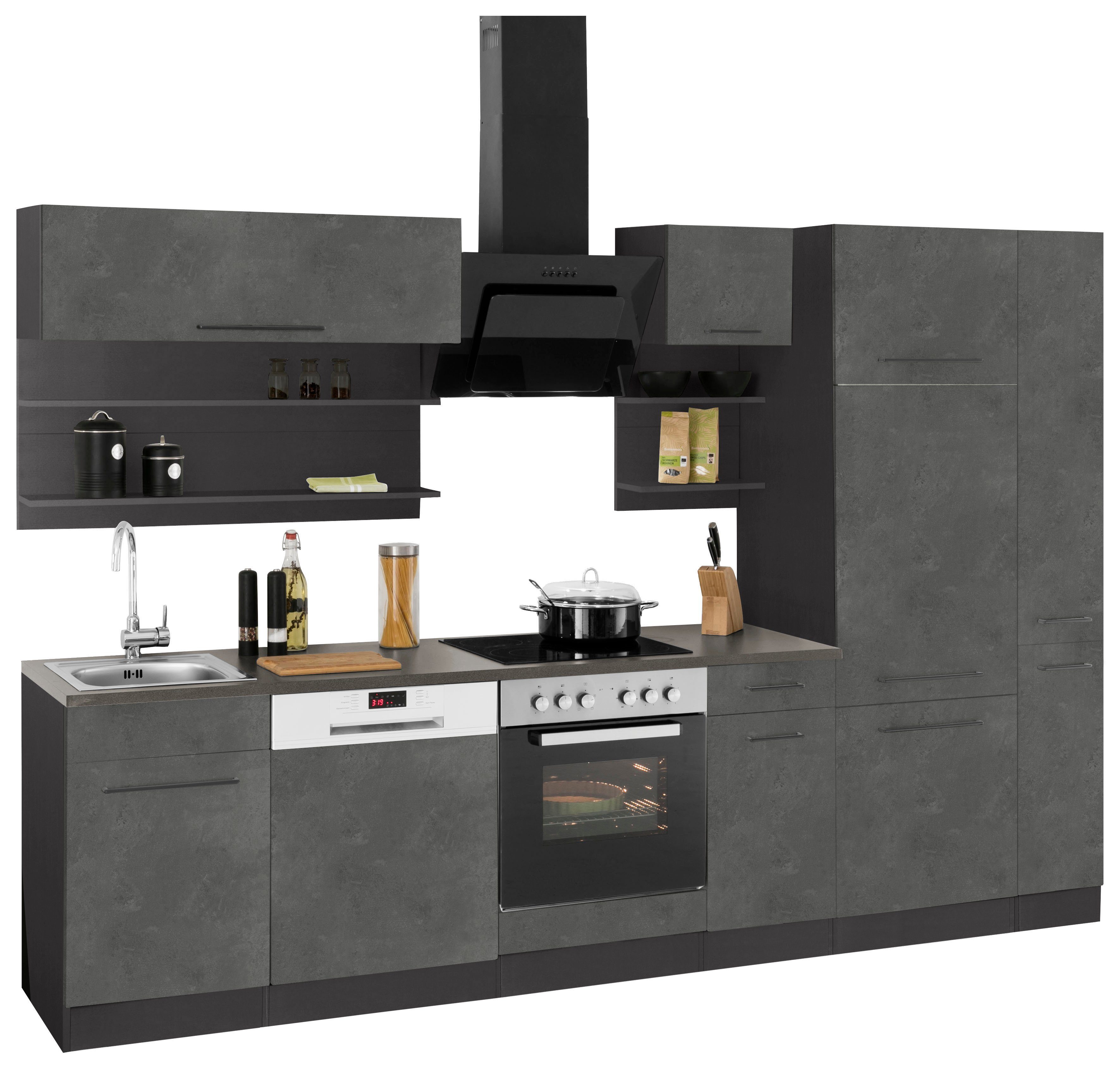KOCHSTATION Küchenzeile KS-Tulsa, mit E-Geräten, Breite 300 cm, schwarze Metallgriffe, MDF Fronten