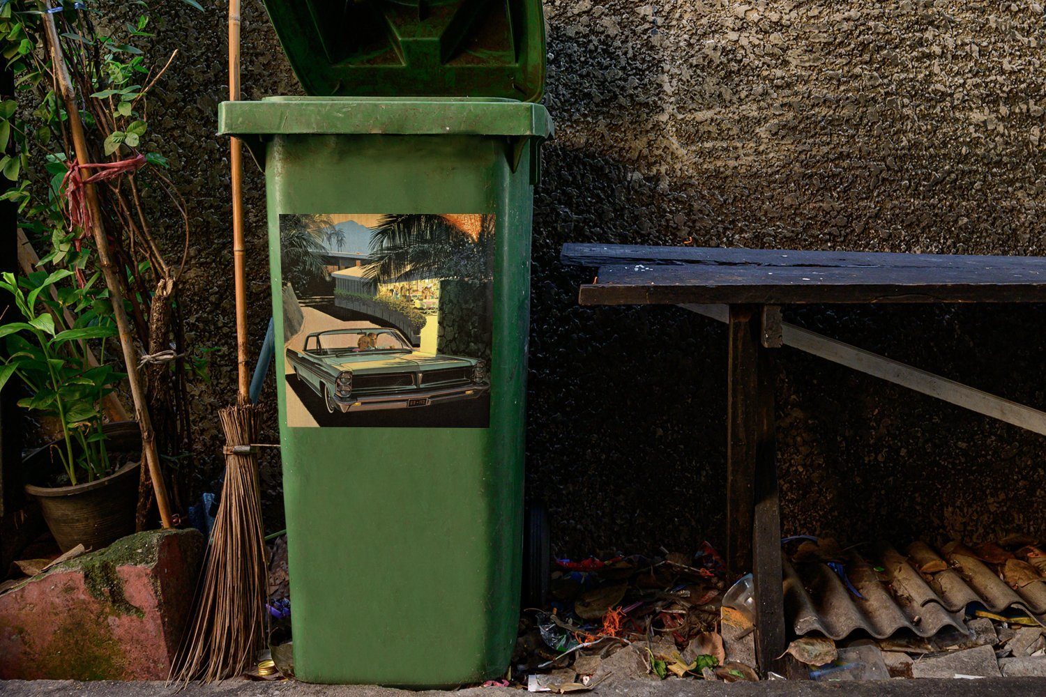 Abfalbehälter Palmen Mülleimer-aufkleber, Oldtimers Wandsticker MuchoWow Mülltonne, Illustration eines St), unter (1 Container, Sticker,