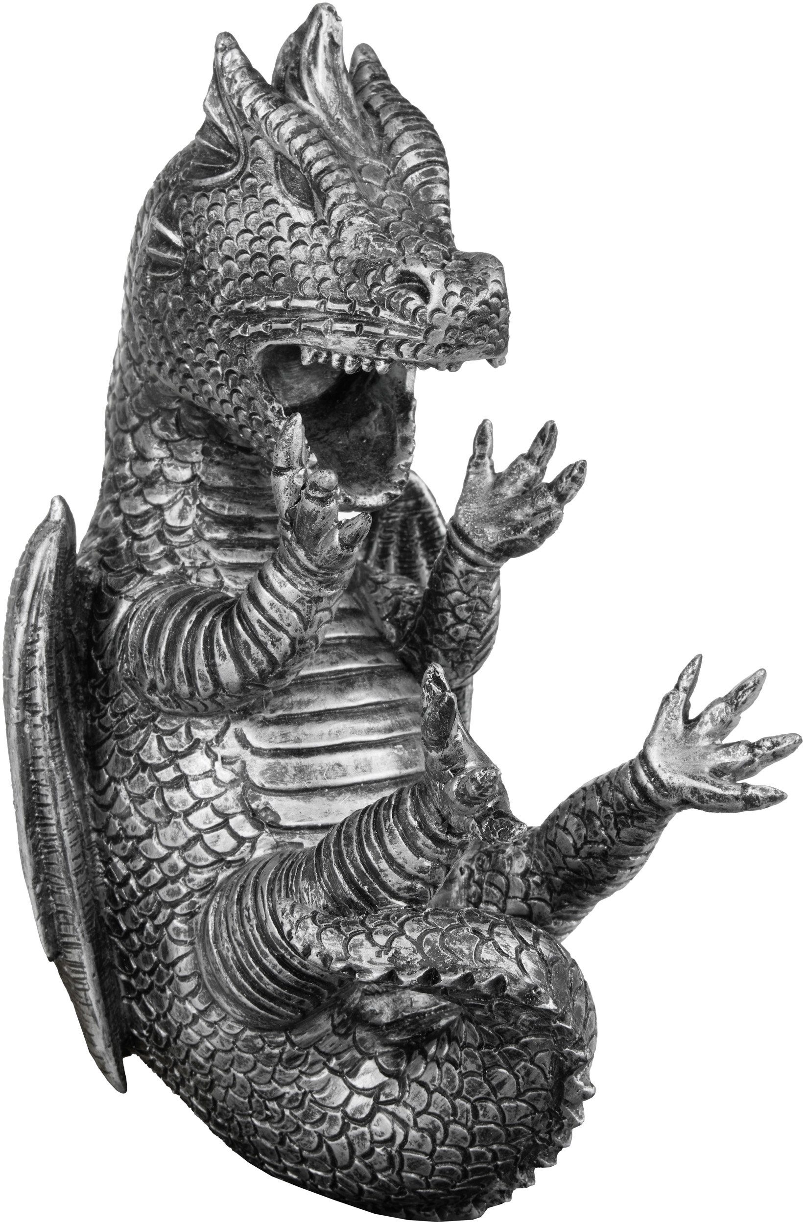 BRUBAKER Weinflaschenhalter Durstiger Drache Silber, (Deko Figur Handbemalt Weinzubehör, 1-St., Lustige Dekoration aus Kunstharz - Wein Geschenk), Fantasy Flaschenhalter Drachenmodel - Flaschenständer