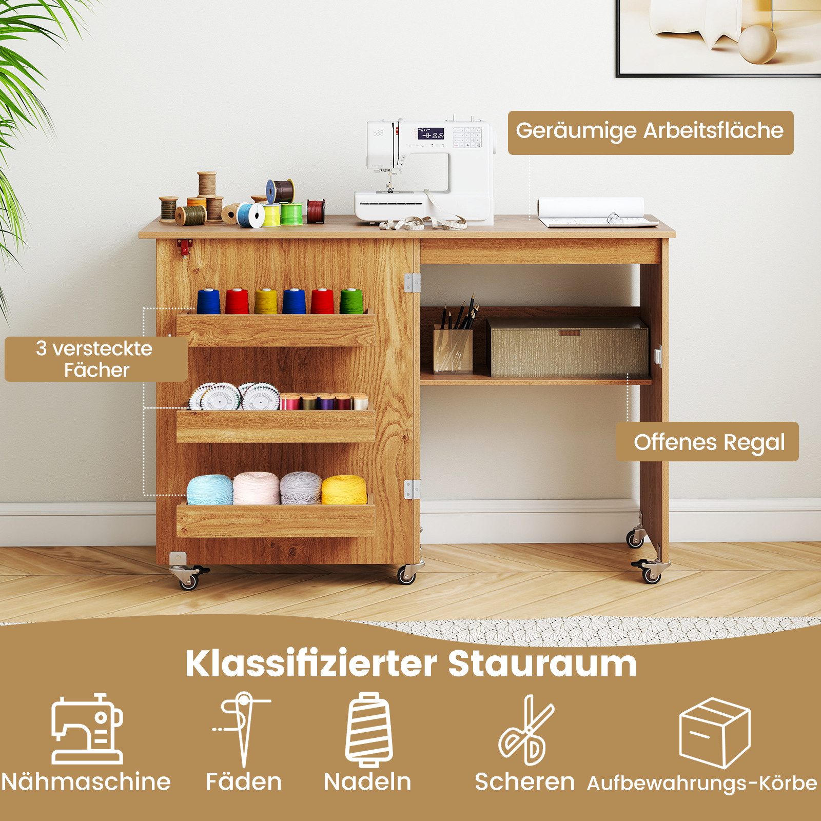 COSTWAY Schreibtisch, Nähtisch klappbar, Nähschrank mit günstig online kaufen