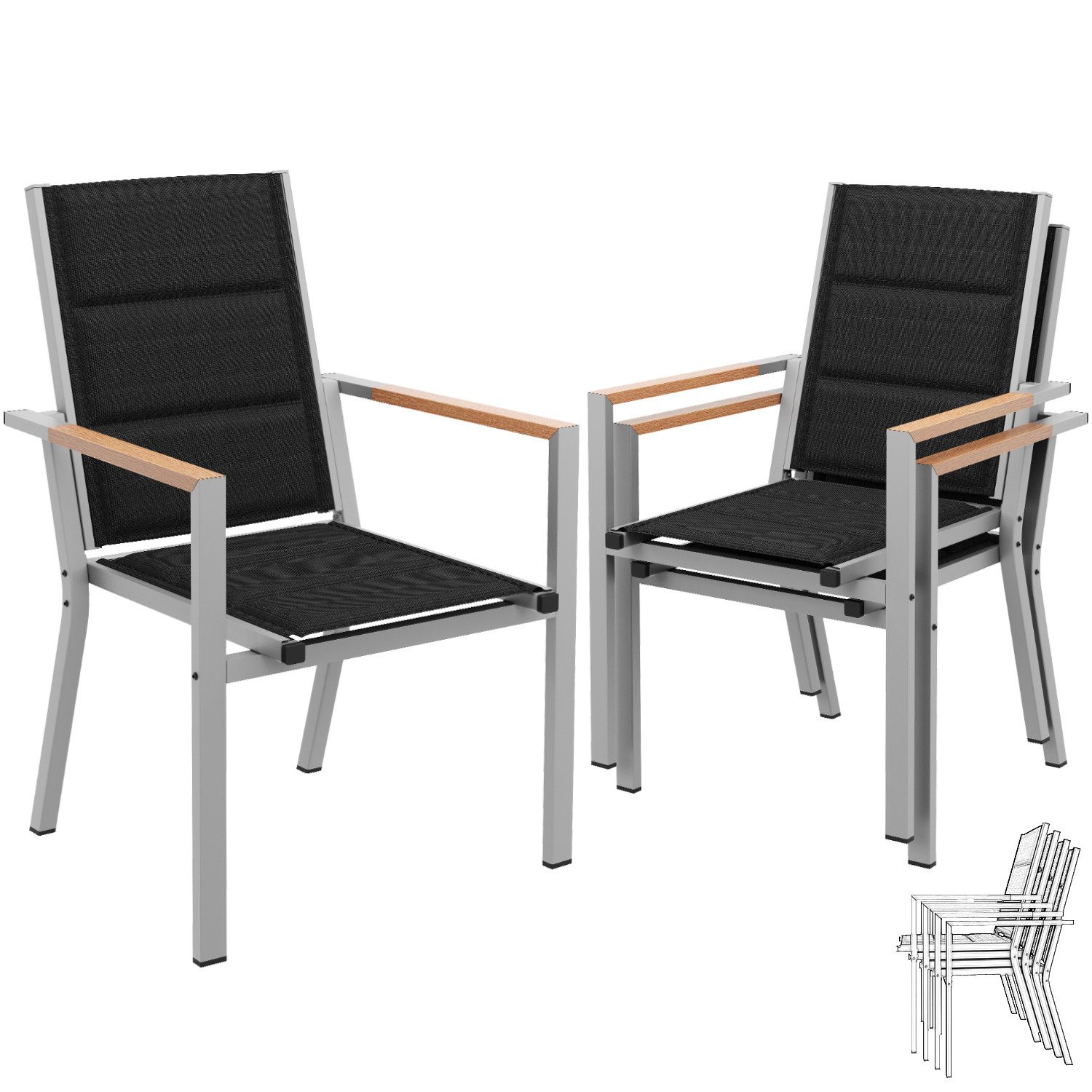 GUNJI Gartenstuhl Stapelstühle, Bequem, Korrosionsbeständigkeit Garten-essgruppe (verstärkter Alu-Outdoorstuhl, max Belastung 160 kg, stapelbar, leicht, Doppellagiger Sitzstoff), Aluminium-Gartentisch mit Klappbarer Tischplatte bis 100kg