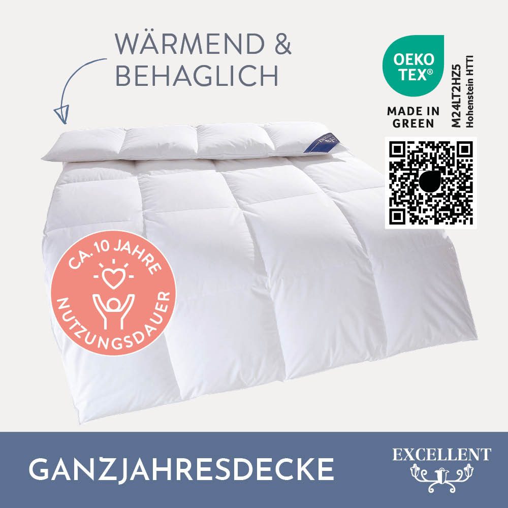Excellent Daunenbettdecke Zürich, Bettdecke normal mit Bestnote "Hoher Schlafkomfort" bewertet., Füllung: 100% Daunen, Bezug: 100% Baumwolle, Bettdecke 135x200 cm, 155x220cm und weitere Größen, Made in Germany