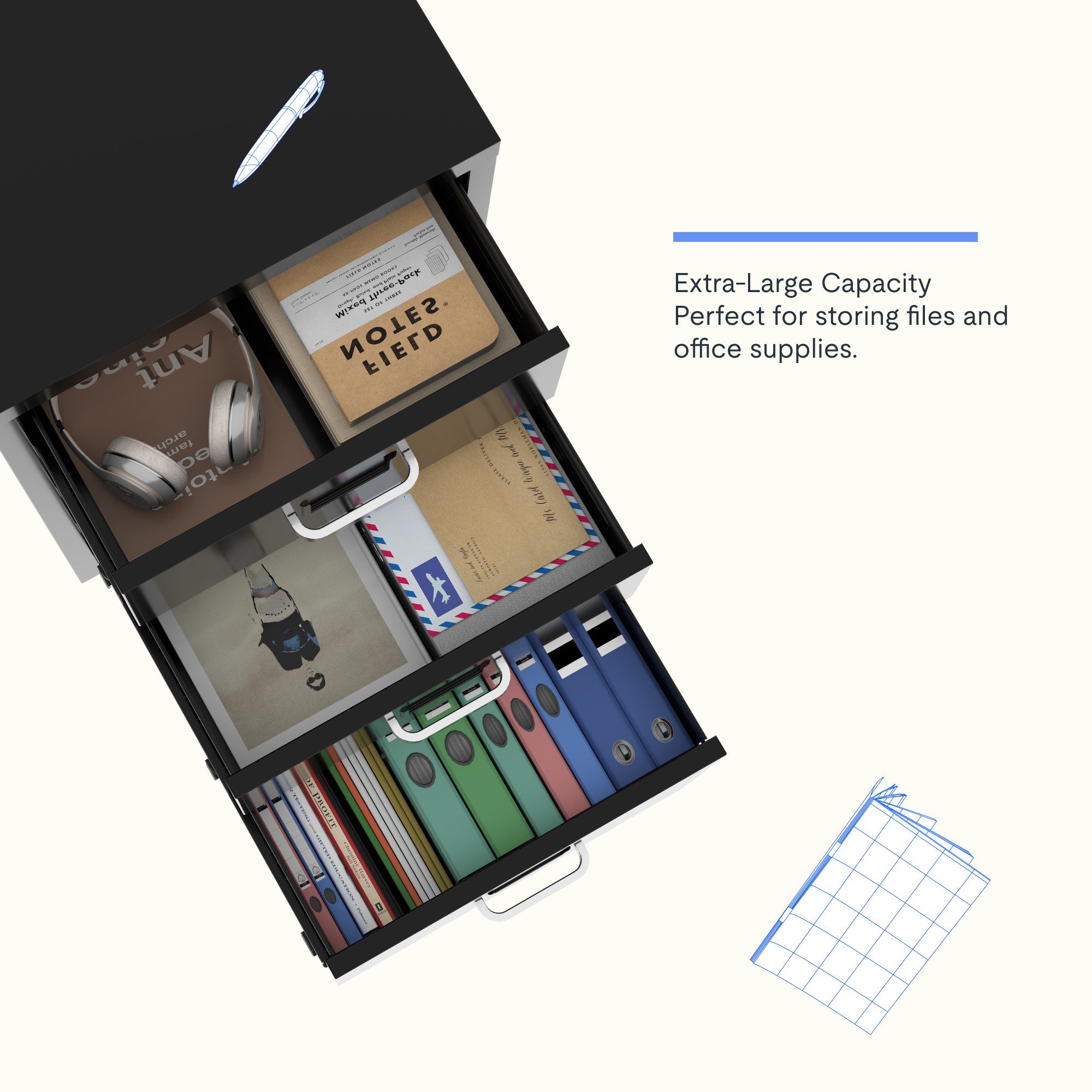 FLEXISPOT Container Rollcontainer für Ihr Büro&Home-Office, 28x48x41 cm (mobiler Aktenschrank mit 3 Schubladen, mit Rollen, Büroschrank) – Bild 5 von 5