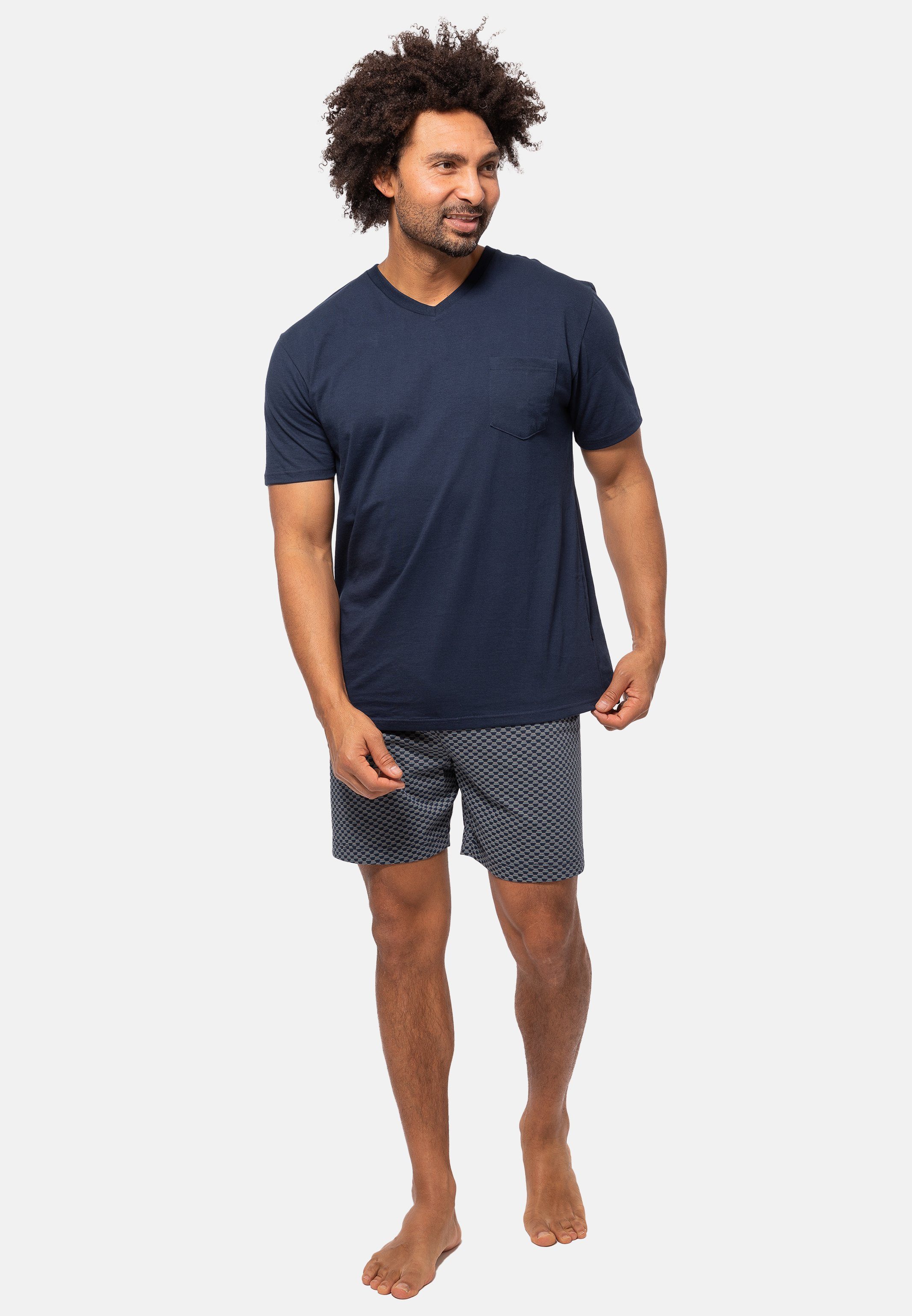 Ammann Pyjama Organic Blau kurzer (Set, Hose tlg) gemustert Cotton Schlafanzug - Shirt und Kurzarm 2 aus - Baumwolle Set