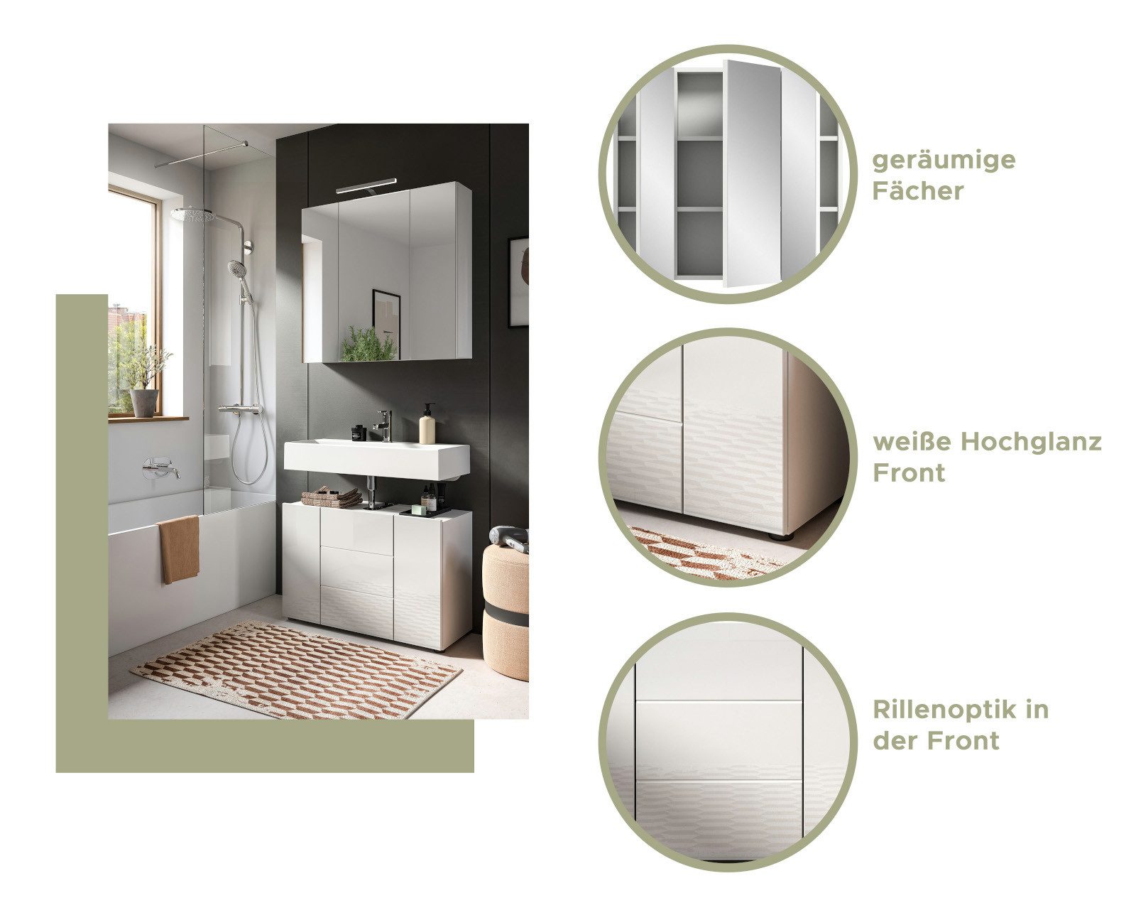 Inn.Furn Waschbeckenunterschrank Larik (Badschrank in weiß Hochglanz, 2-türig, 60 x 56 cm) mit Stauraum