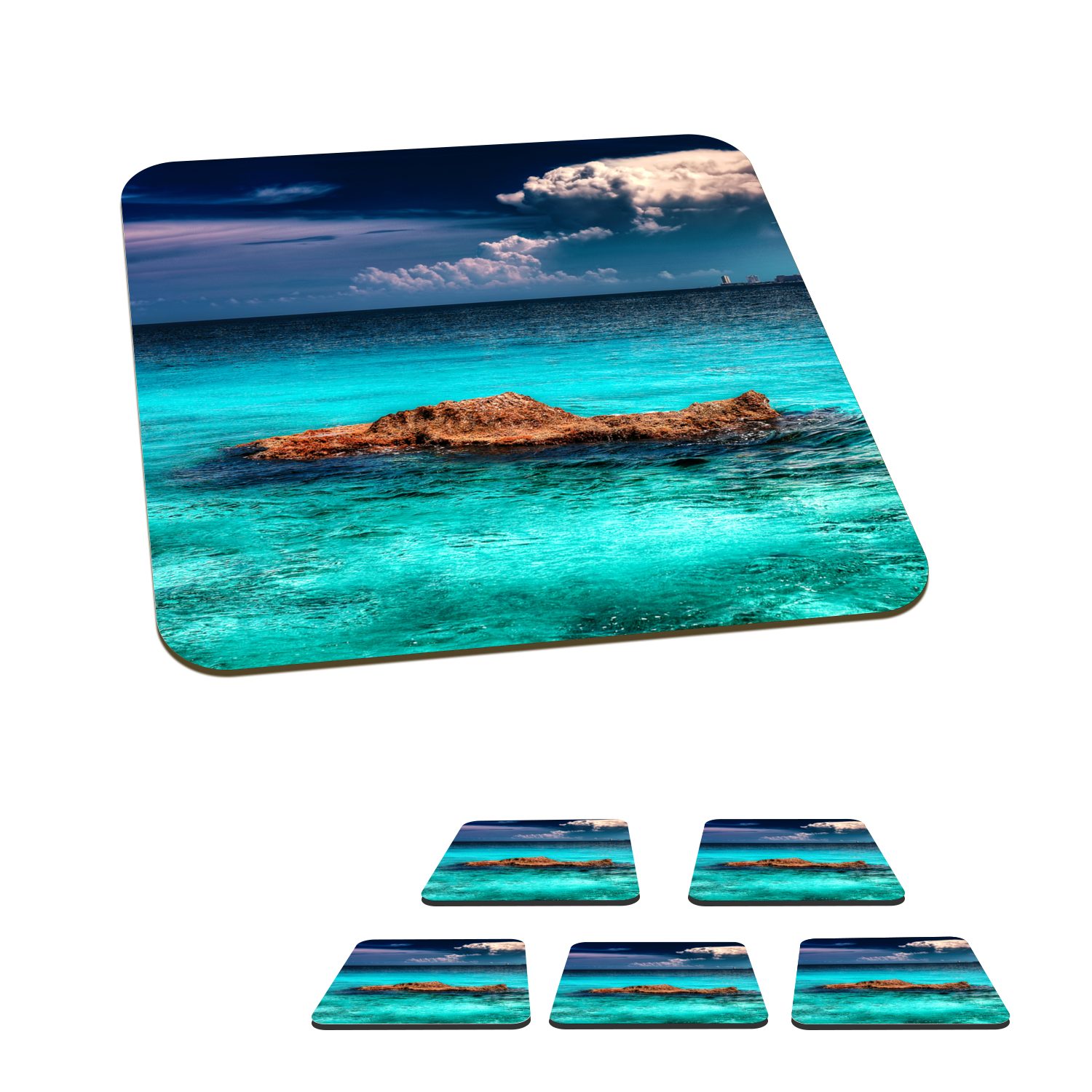 MuchoWow Glasuntersetzer Die Skyline von Cancun mit klarem blauem Wasser, Zubehör für Gläser, 6-tlg., Glasuntersetzer, Tischuntersetzer, Korkuntersetzer, Untersetzer, Tasse