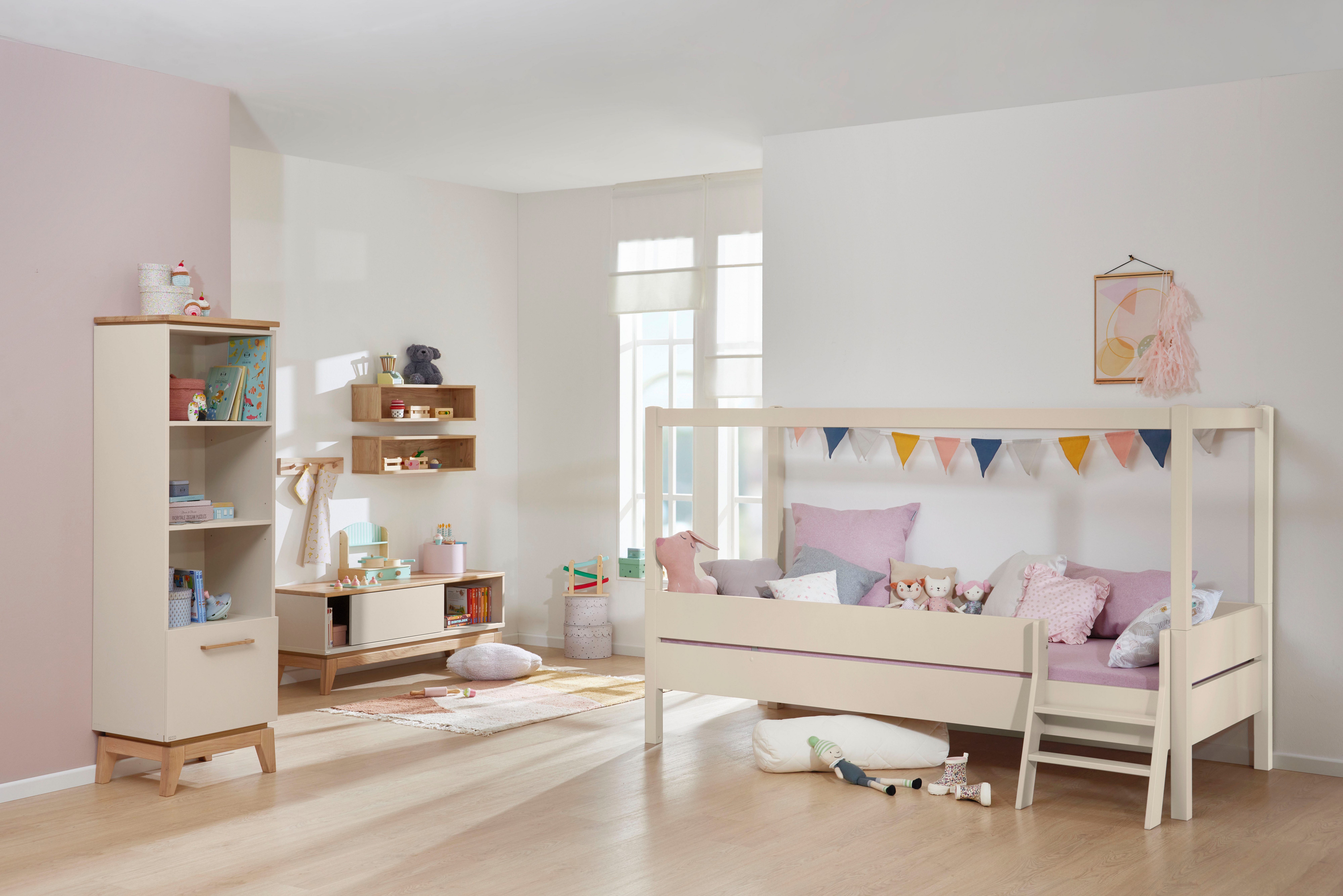 PAIDI Standregal STIENE in Beige oder Grau, 3 offene Fächer, 1 Schublade mit Soft-Close, modernes und langlebiges Regal mit Massivholz, Highboard