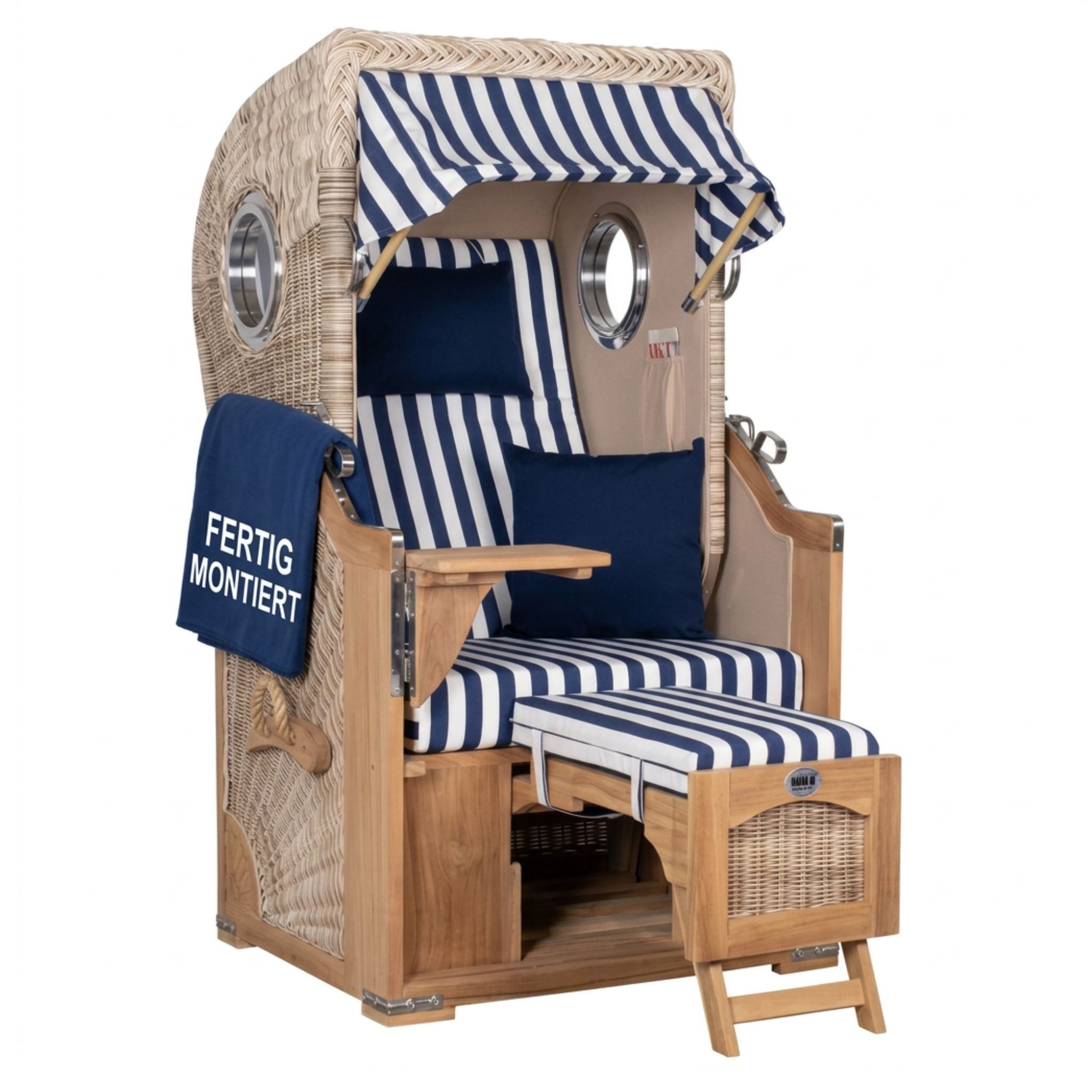MR.DEKO Strandkorb 1-Sitzer Single Teak Shell Volllieger mit Bullaugen, BxTxH: 96x80x165 cm, Vollieger, Düne Single, (Fertig montierter Strandkorb für Garten, Terrasse & Balkon, 1-tlg), Wetterfester Volllieger mit Edelstahlbeschlägen & waschbaren Polstern