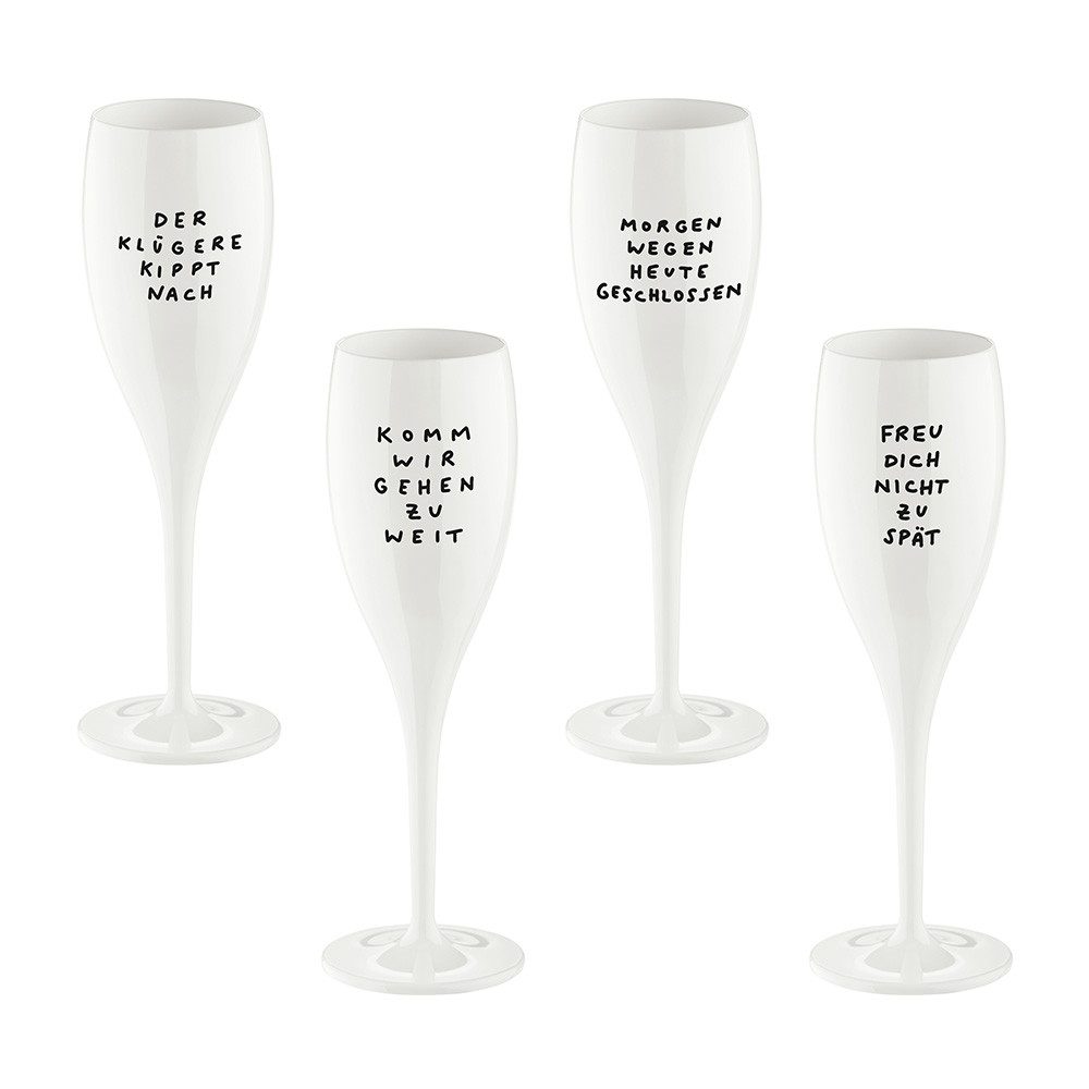 KOZIOL Sektglas CHEERS No. 1 SPRUCHREIF Glas 100 ml mit Druck, 4 Motive, 4-tlg., Kunststoff, spülmaschinengeeignet