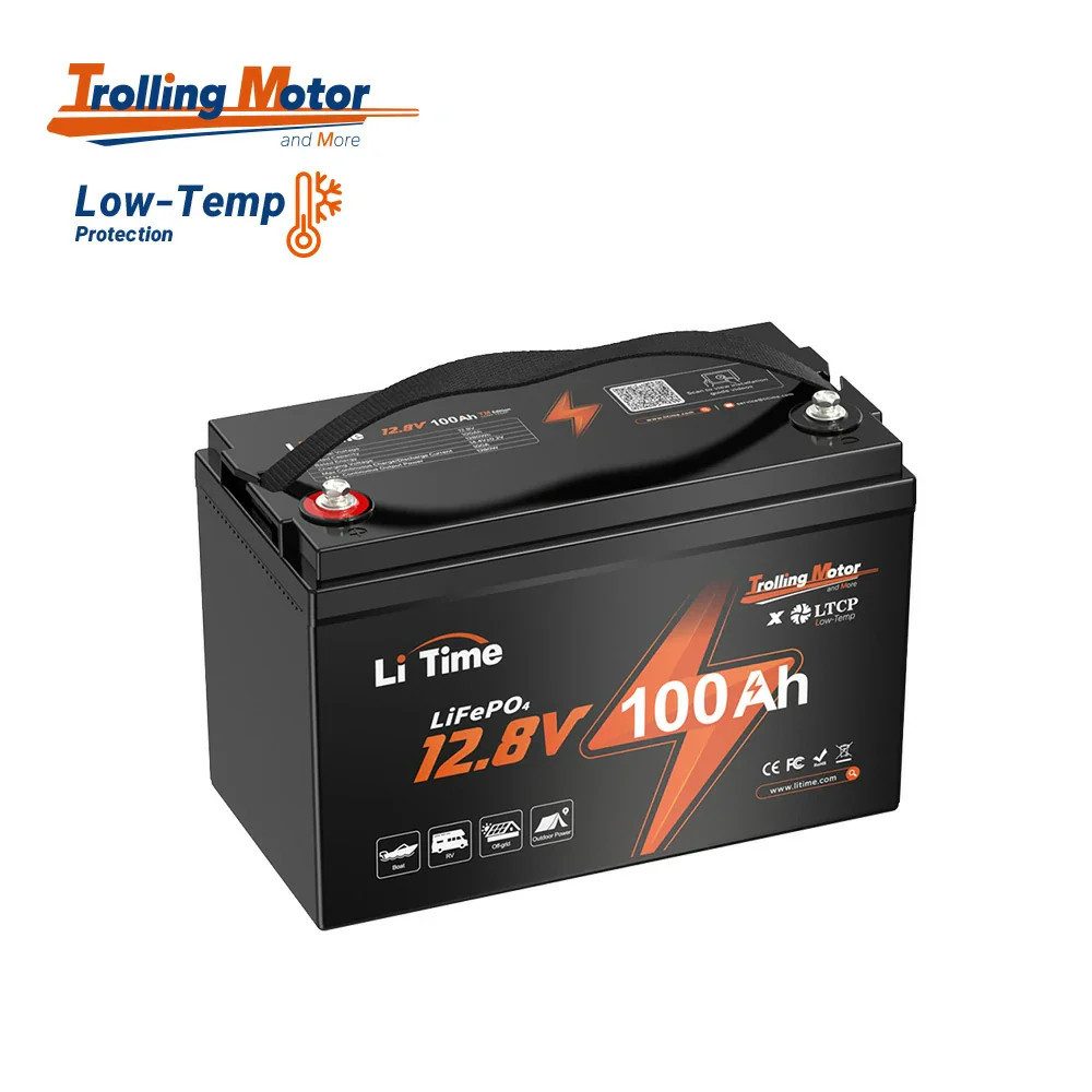 LiTime 12V 100Ah TM LiFePO4 Batterie Bootsbatterie mit Tieftemperaturschutz Solarakkus (12 V), L329*B172*H214 mm, für Elektromotor mit 30-70 lb Schubkraft