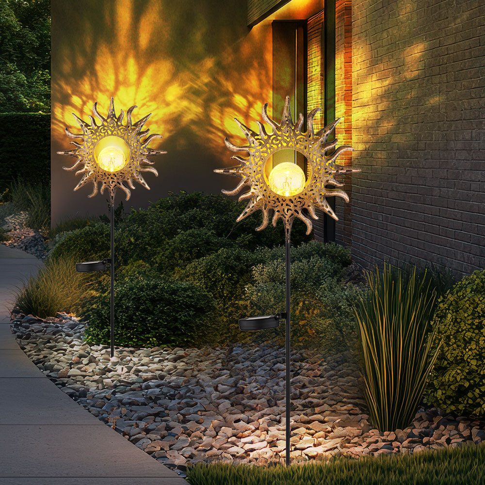 GLOBO LIGHTING LED Solarleuchte, LED-Leuchtmittel fest verbaut, Warmweiß, Solarlampe Gartendeko Stecklampe LED Sonne rost H 81,5 cm 2er Set
