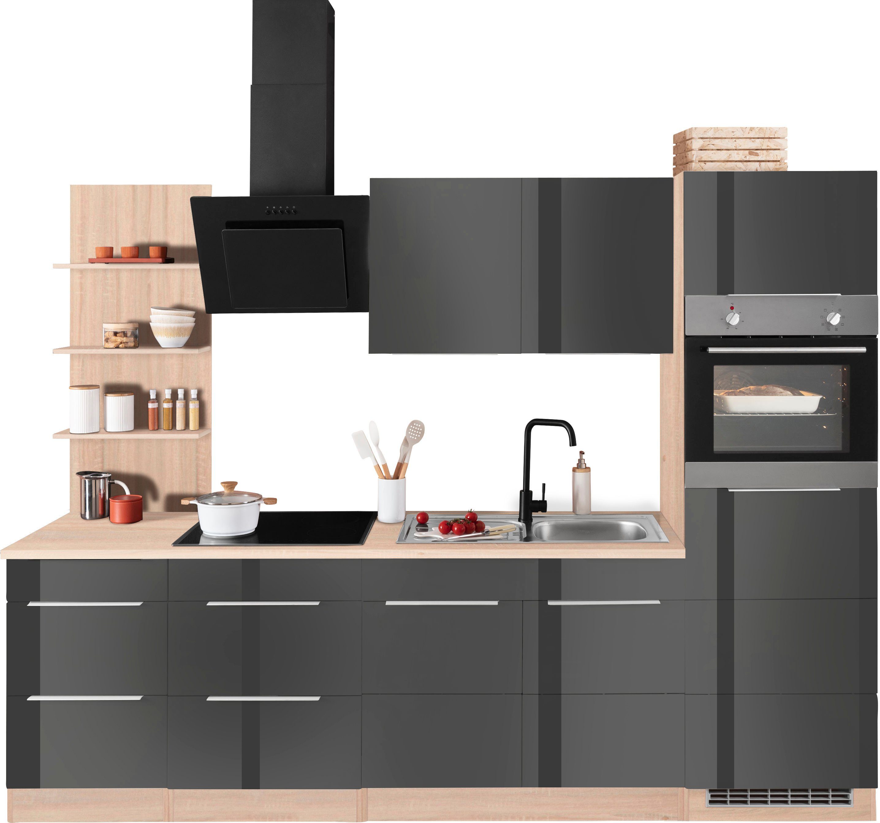 KOCHSTATION Küchenzeile KS-Brindisi Breite 270 cm, wahlweise mit E-Geräten und Induktion, mit MDF-Fronten und Regal
