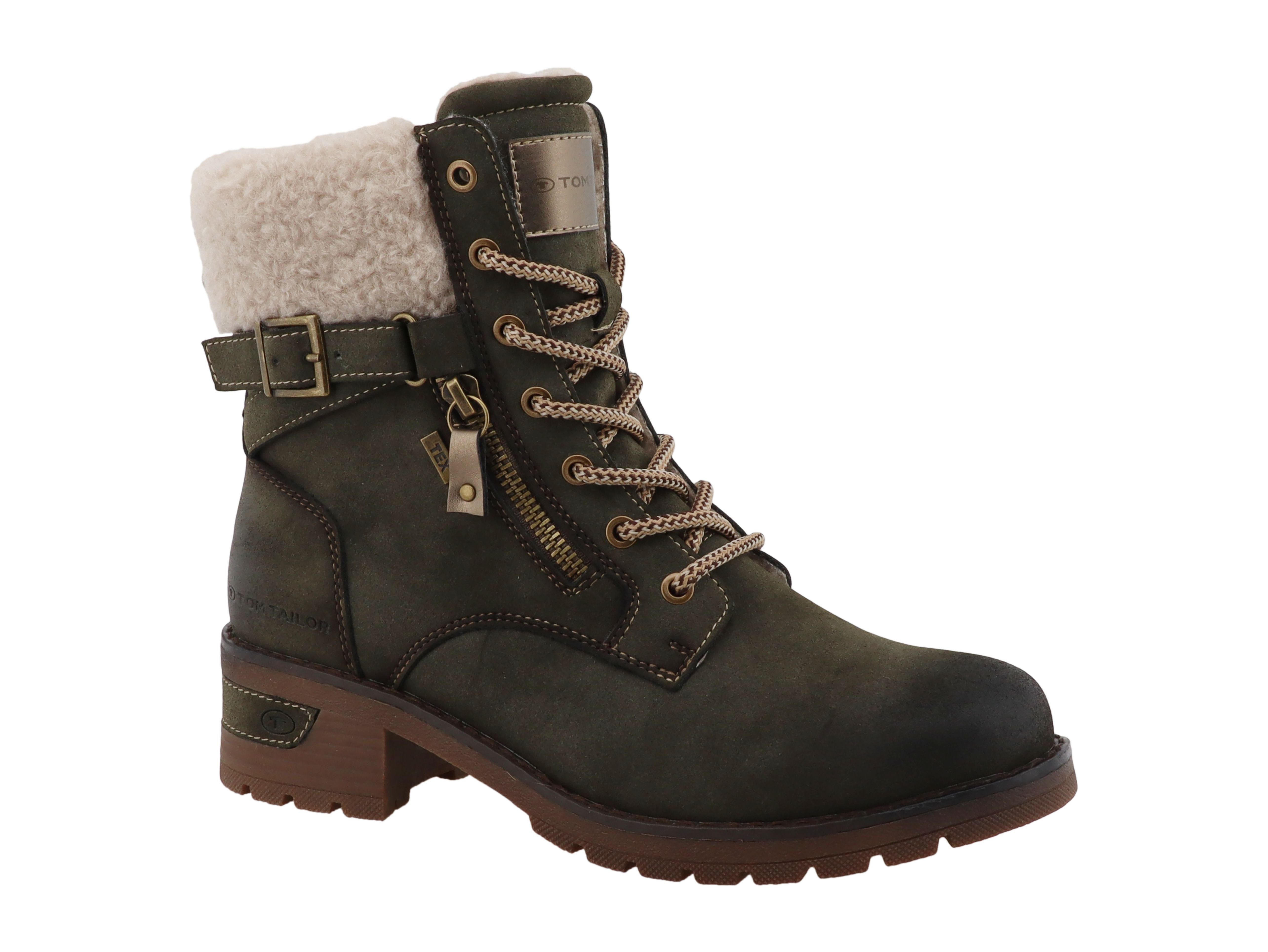 TOM TAILOR Winterstiefelette Blockabsatz, Winterboots, Schnürboots mit Fellimitat am Schaftrand