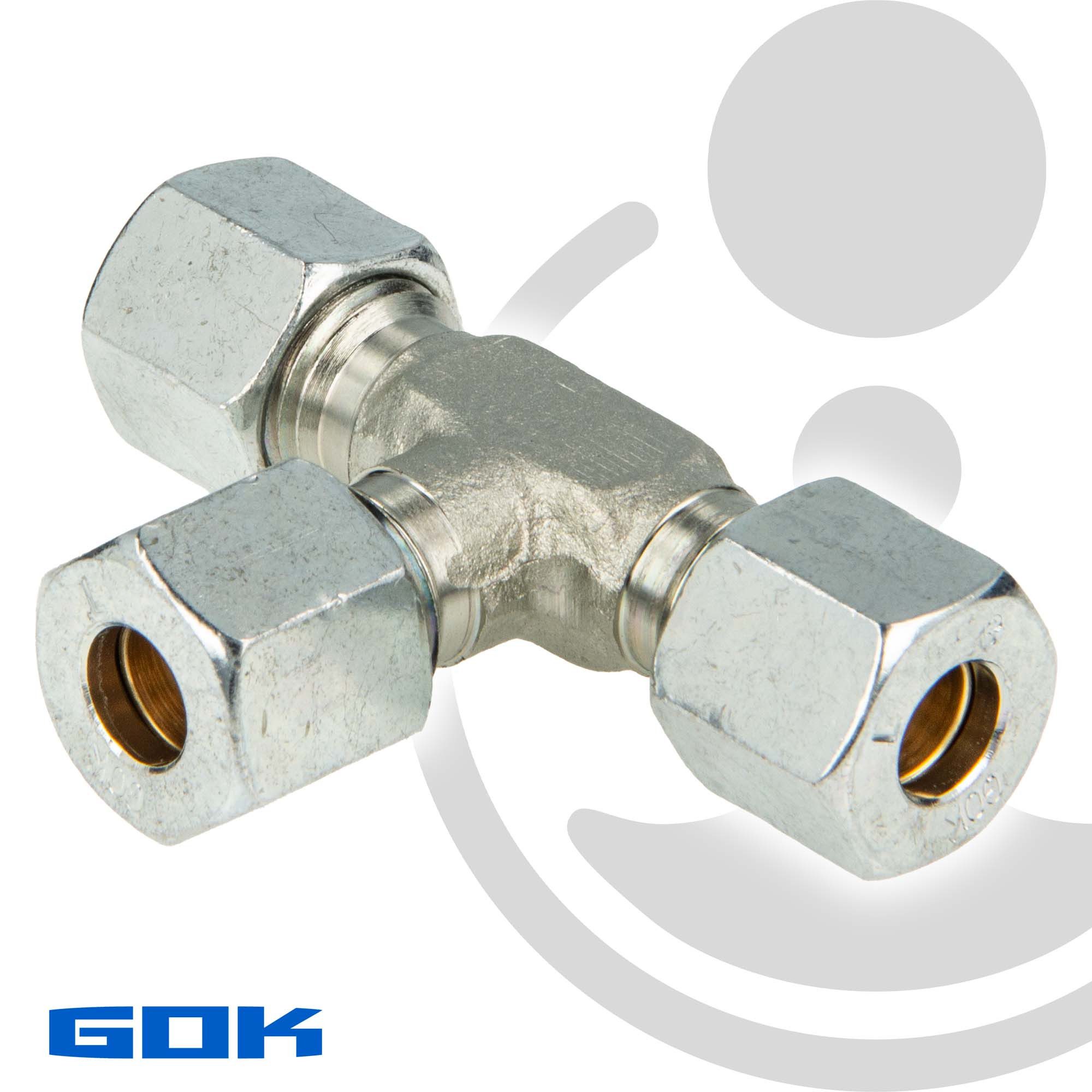 GOK Wasserrohr Schneidringverschraubung Typ T - T-Stück mit 3 x Verschraubung, 6 x 6 mm Schneidring Messing
