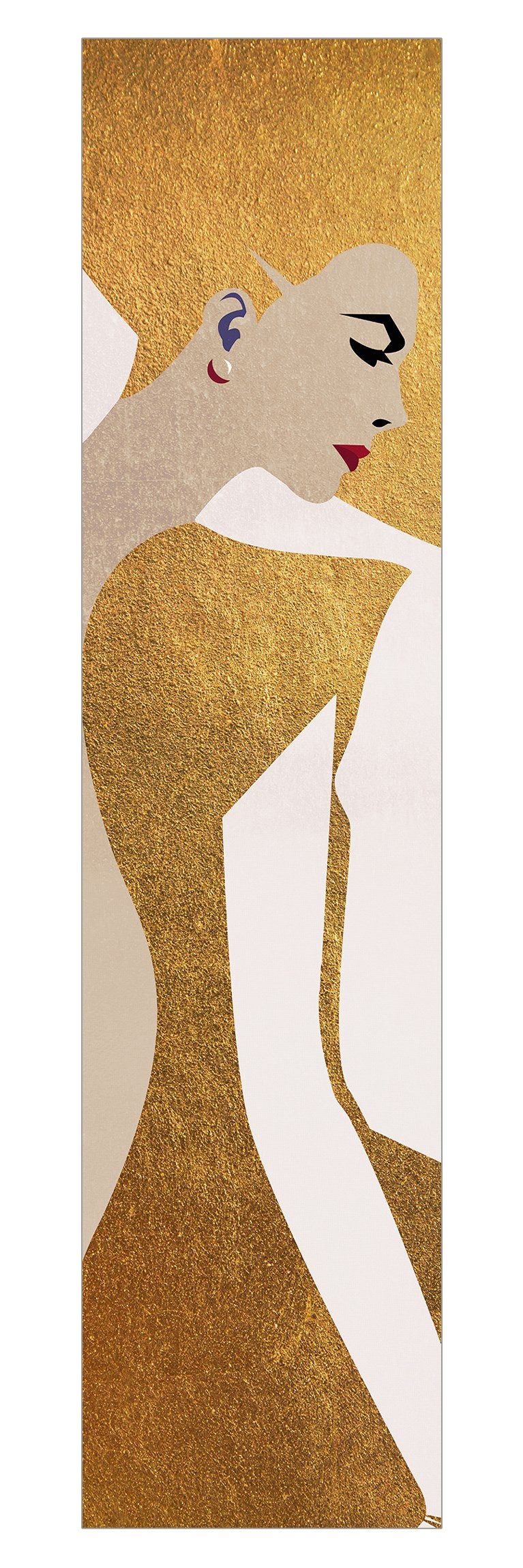 Bilderdepot24 Schiebegardine modern Flächenvorhang blickdicht Dame mit Hut in Gold (1 St), halbtransparent, Wohnzimmer große Flächengardine lichtdurchlässig für Klemm-System