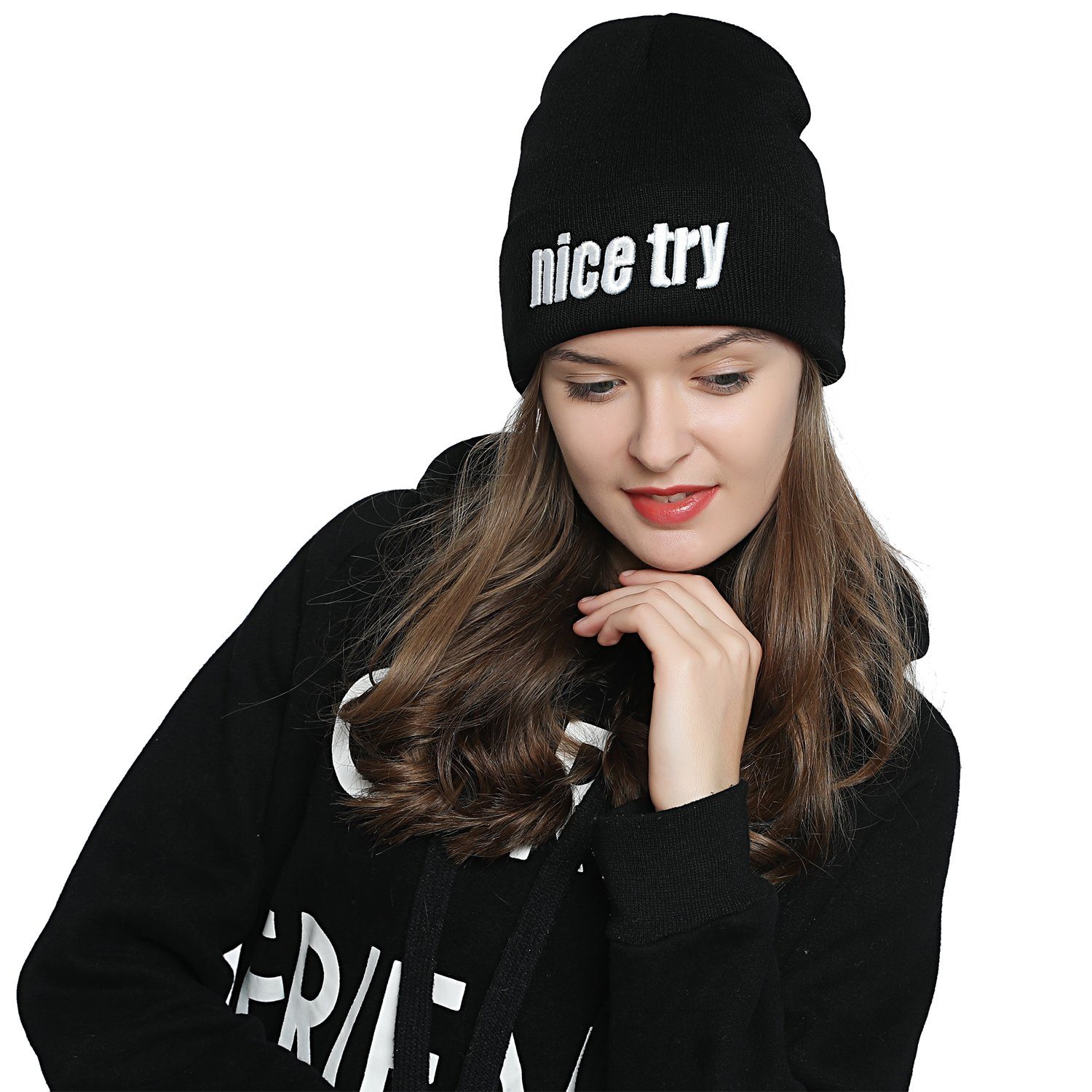 mit DonDon (Packung, "nice - Krempe Strickmütze Damen 1-St) try" schwarz Beanie Wintermütze, coolem Beanie Statement-Print, Winter Stylische mit