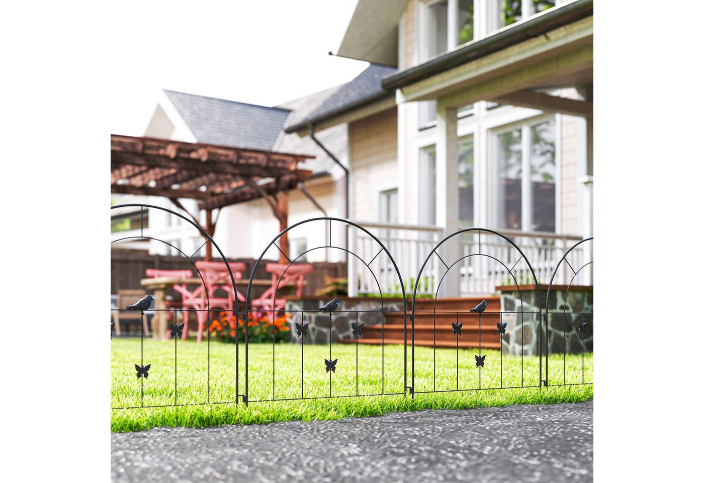 Thumbnail - Outsunny Gartenzaun 300 cm x 70 cm hoch, Oberbogen Zaun für Hunde, (Zaun aus Stahl, 5-St., Dekorativer Gitterzaun Set), ...