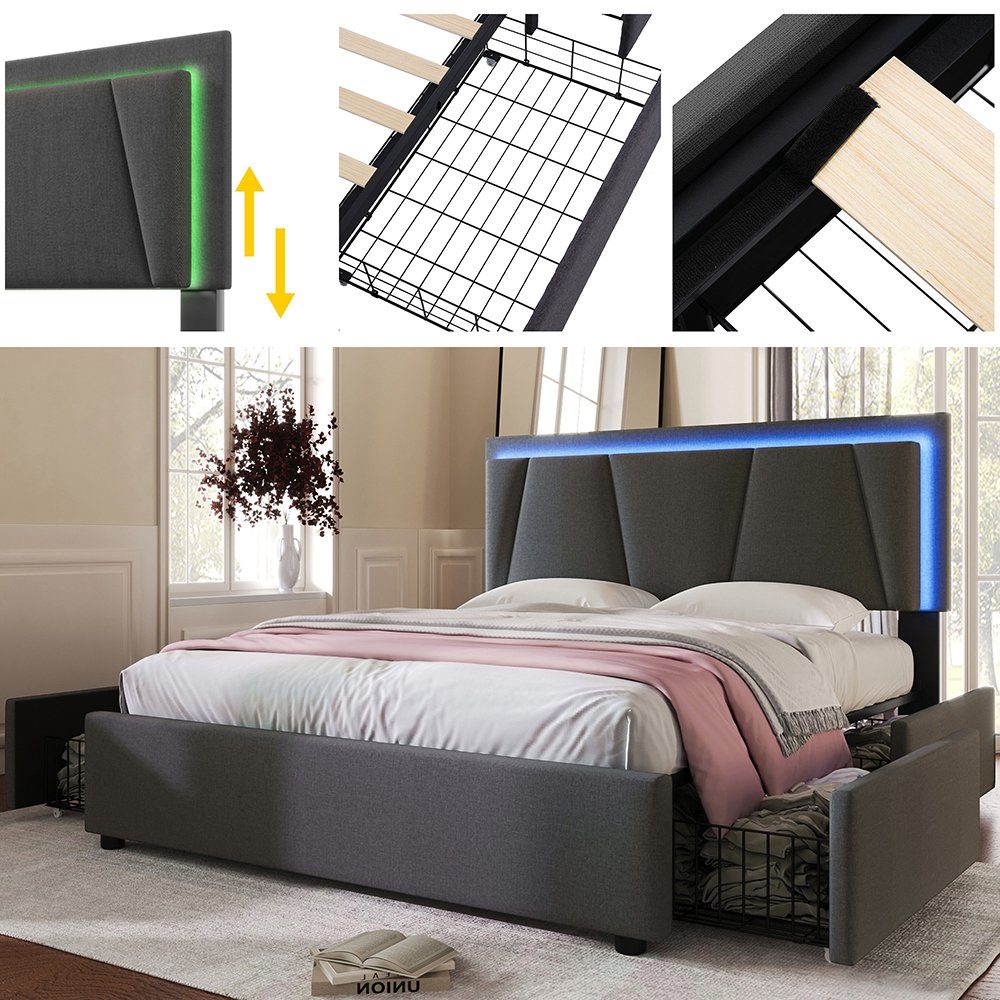Polsterbett (Stauraumbett, mit Matratze), Doppelbett 140x200cm mit LED-Beleuchtung und 4 Schubladen
