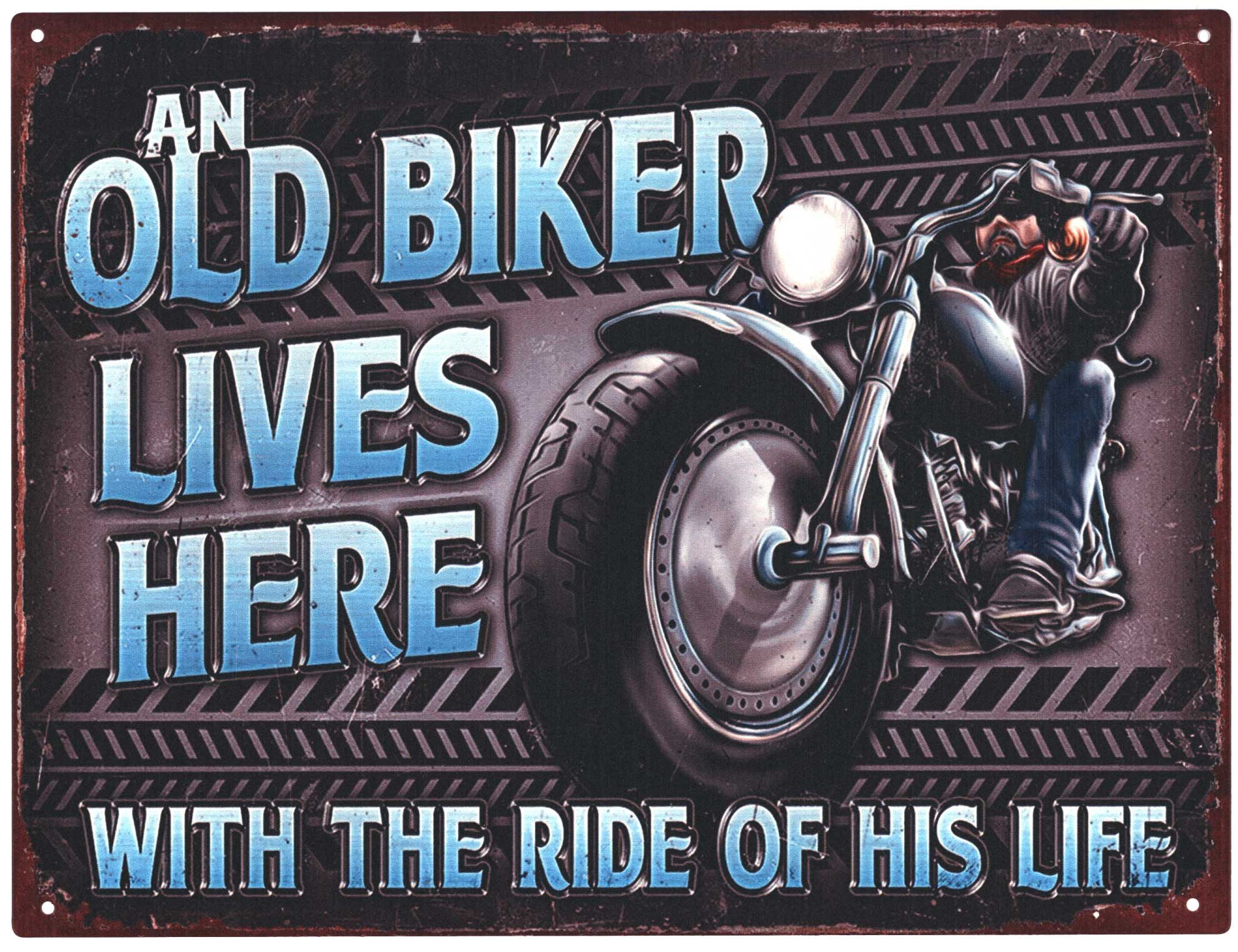Moritz Metallschild Blechschild An Old Biker lives Here 25 x 33, (Einzeln), 25 x 33 cm Vintage Retro Deko Schild Metallschild Wandbild Schild