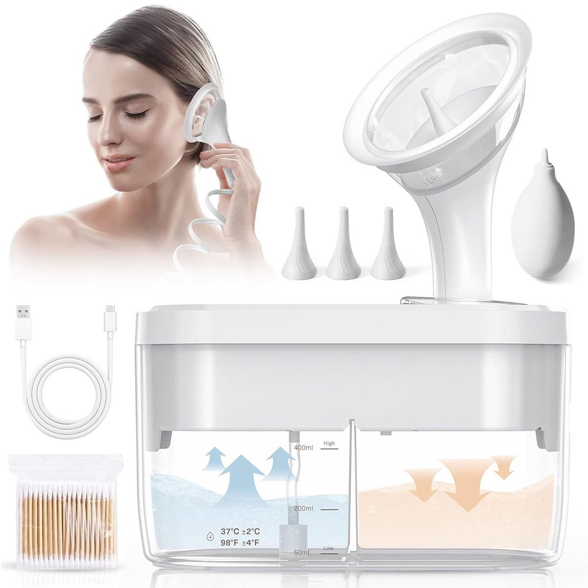 MOPUEA Ohrenreiniger Elektrischer Ohrenschmalz-Entferner, Ohrenreiniger, sicheres, 1-tlg., 3 wiederverwendbare Ohrspitzen mit 2 Stilen, Effizient, mit automatischem Abwassersystem,4 Druckeinstellungen