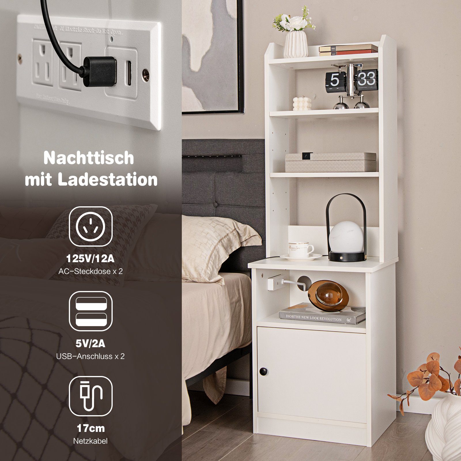 COSTWAY Nachttisch, mit verstellbarem Regal & Steckdosen & USB-Anschluss günstig online kaufen