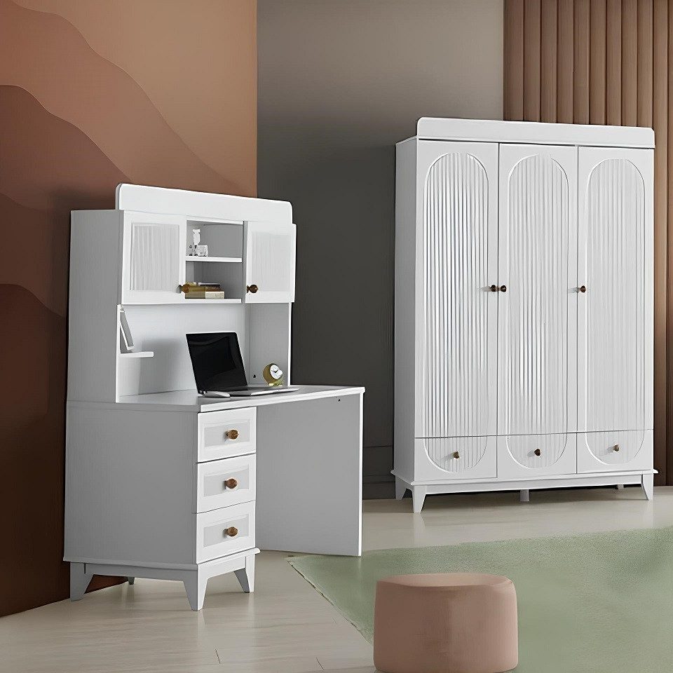 Xlmoebel Kleiderschrank Luxuriöser weißer Holzschrank mit integriertem Schreibtisch für Kinder (2-St., 2 tlg.KINDERZIMMER SET (KLEIDERSCHRANK+SCHREIBTISCH) Hergestellt in Europa