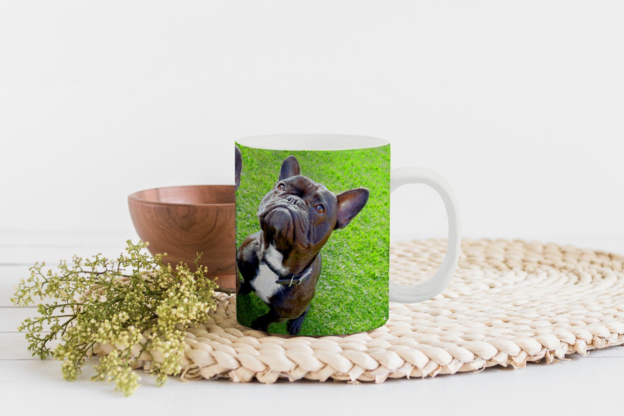 MuchoWow Tasse Geschenk Bulldogge Keramik, Halsband, Gras - Teetasse, Teetasse, Becher, Kaffeetassen, - Französische