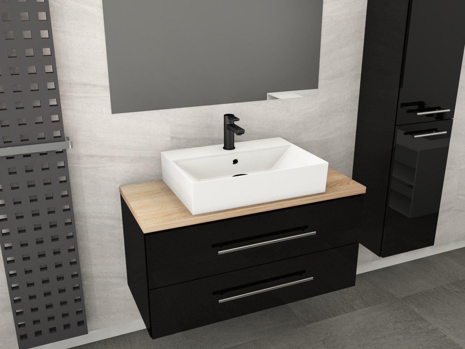 Aqua Bagno Badmöbel-Set Badmöbel-Set 80 cm Weiß Hochglanz mit Trägerplatte & Keramikbecken, (Badschrank vormontiert, 3-St., Badmöbelschrank mit Trägerplatte, Waschbecken), einfache Montage