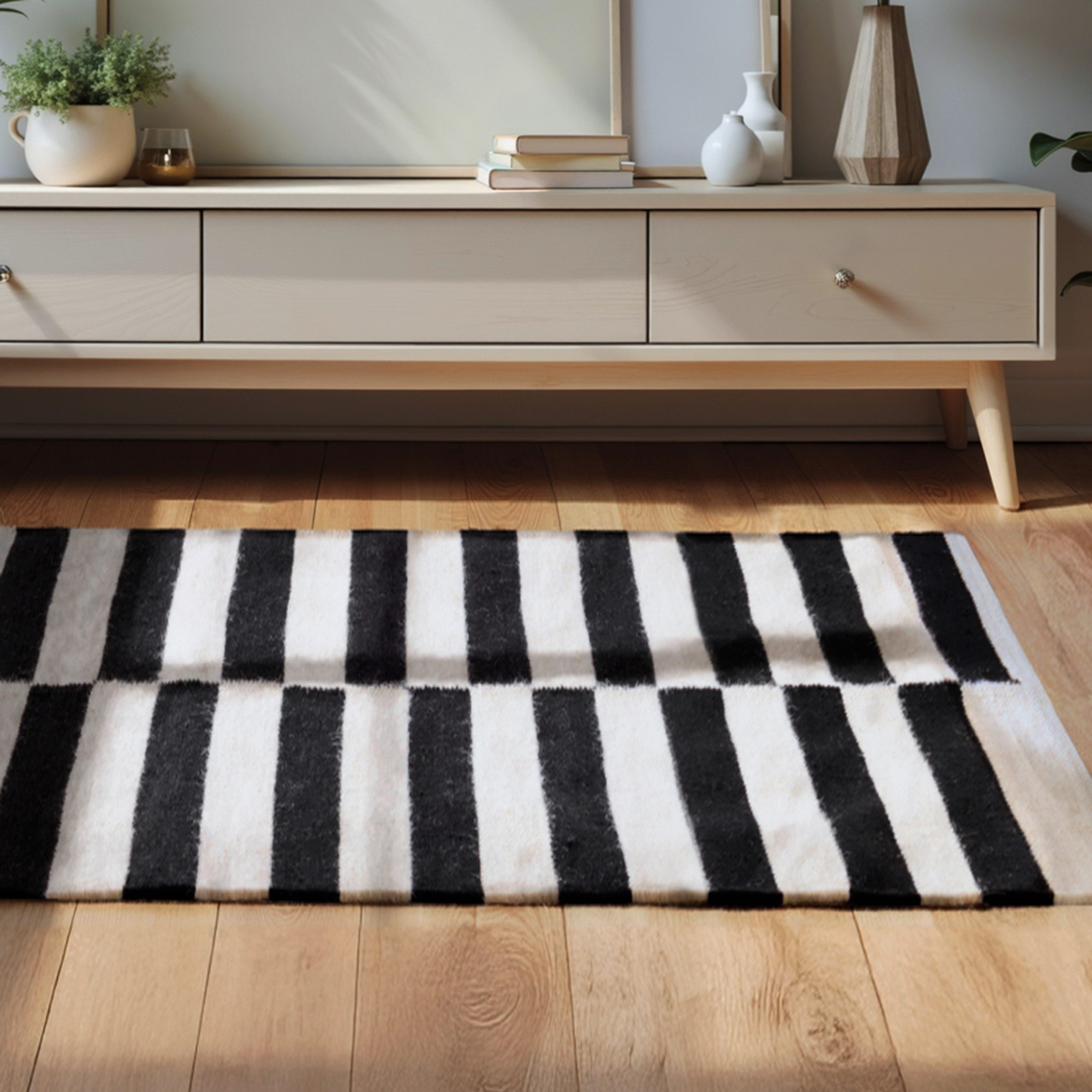 HANSE Home Wollteppich Vika, schwarz-weiss, rechteckig, Höhe: 5 mm, Handgewebt, Wolle, Natur, Läufer, Wohnzimmer, Schlafzimmer, Streifen