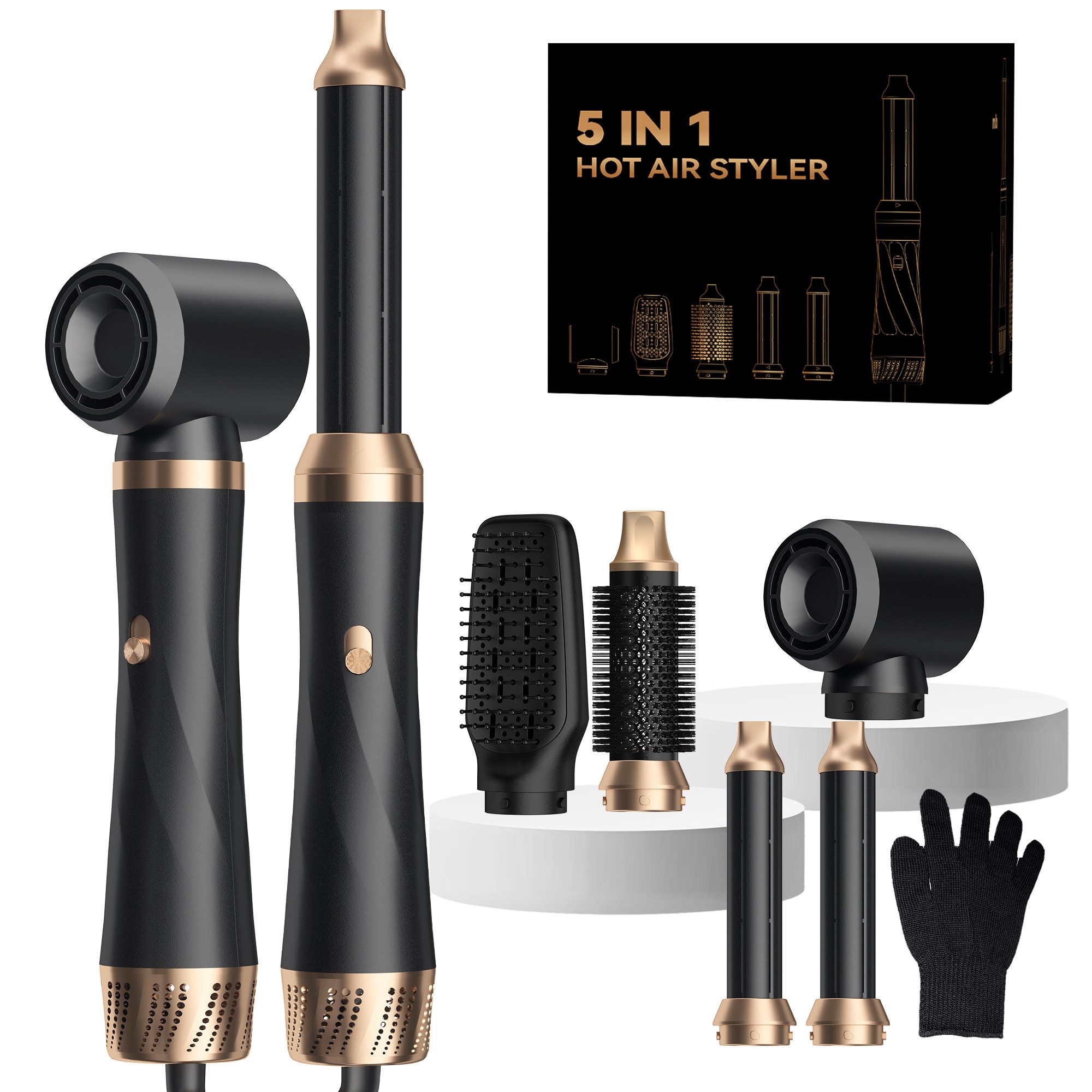UKLISS Multihaarstyler 5-in-1 Haarstyler, Rundbürste, Haartrockner, Lockenstab und Glätteisen, 3 Temperaturstufen für Volumen, Glätten, Locken und Föhnfrisuren