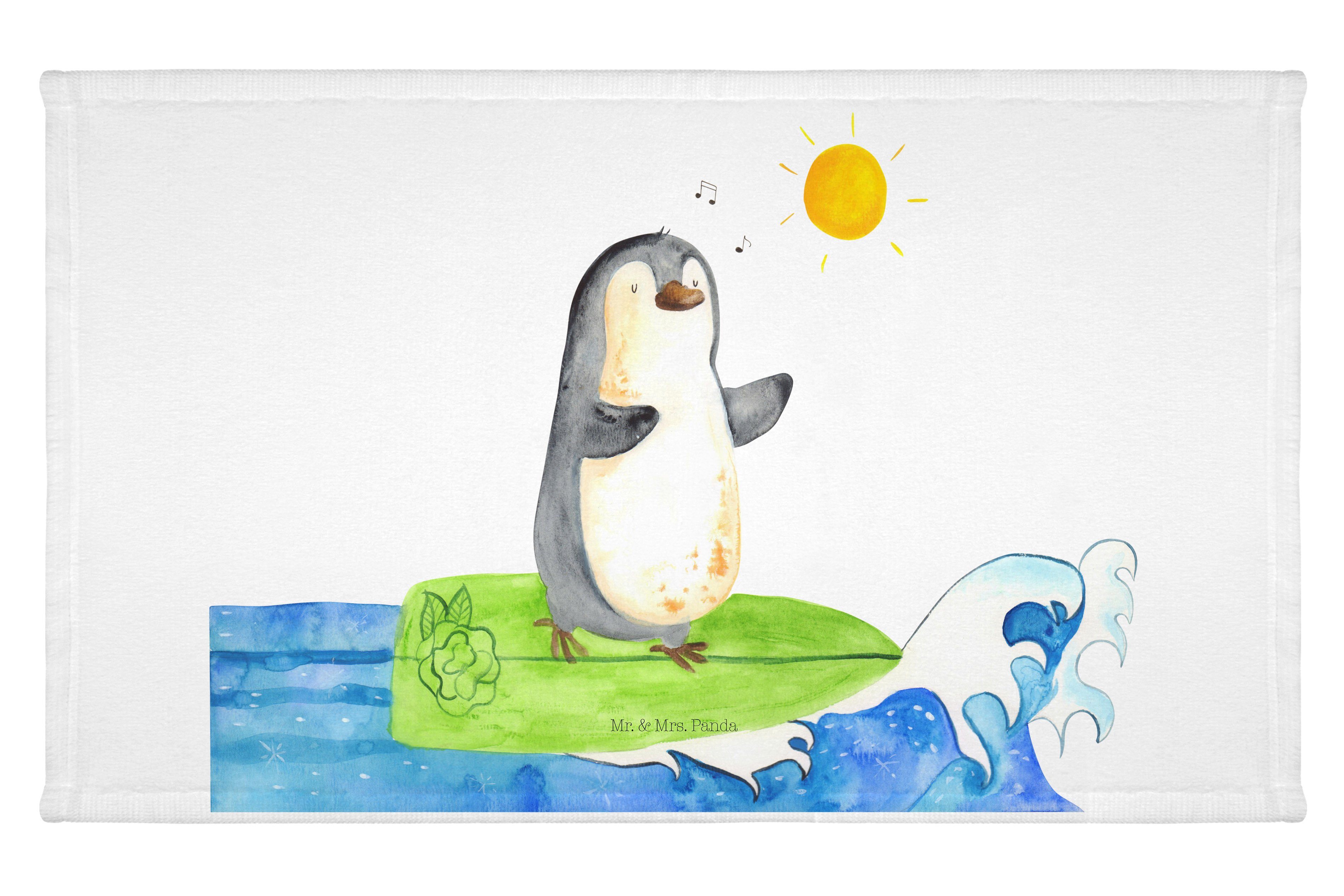 Mr. & Mrs. Panda Handtuch Pinguin Surfer - Weiß - Geschenk, Sport Handtuch, surfen, Reisehandtu, (1-St), Allseitig umsäumt