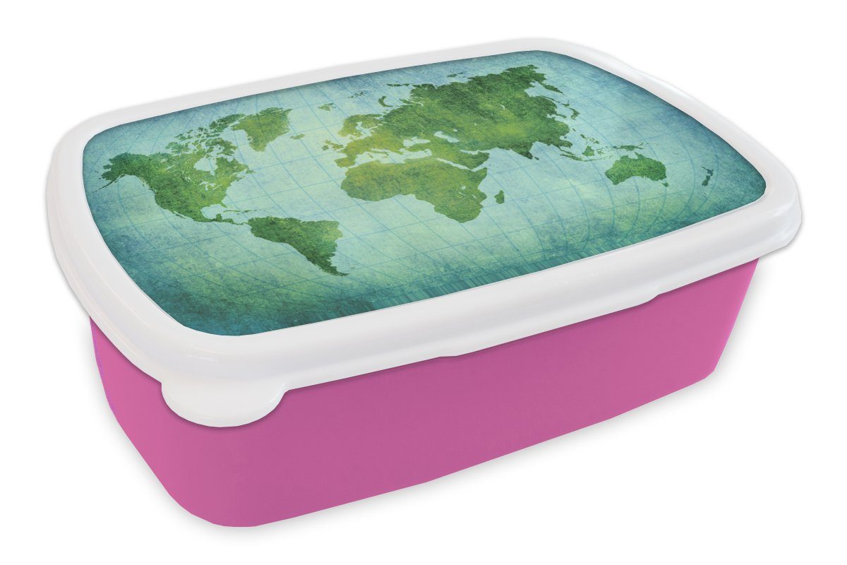 MuchoWow Lunchbox Weltkarte - Pergament - Grün - Kind - Jungen - Mädchen, Kunststoff, (2-tlg), Brotbox für Erwachsene, Brotdose Kinder, Snackbox, Mädchen, Kunststoff rosa