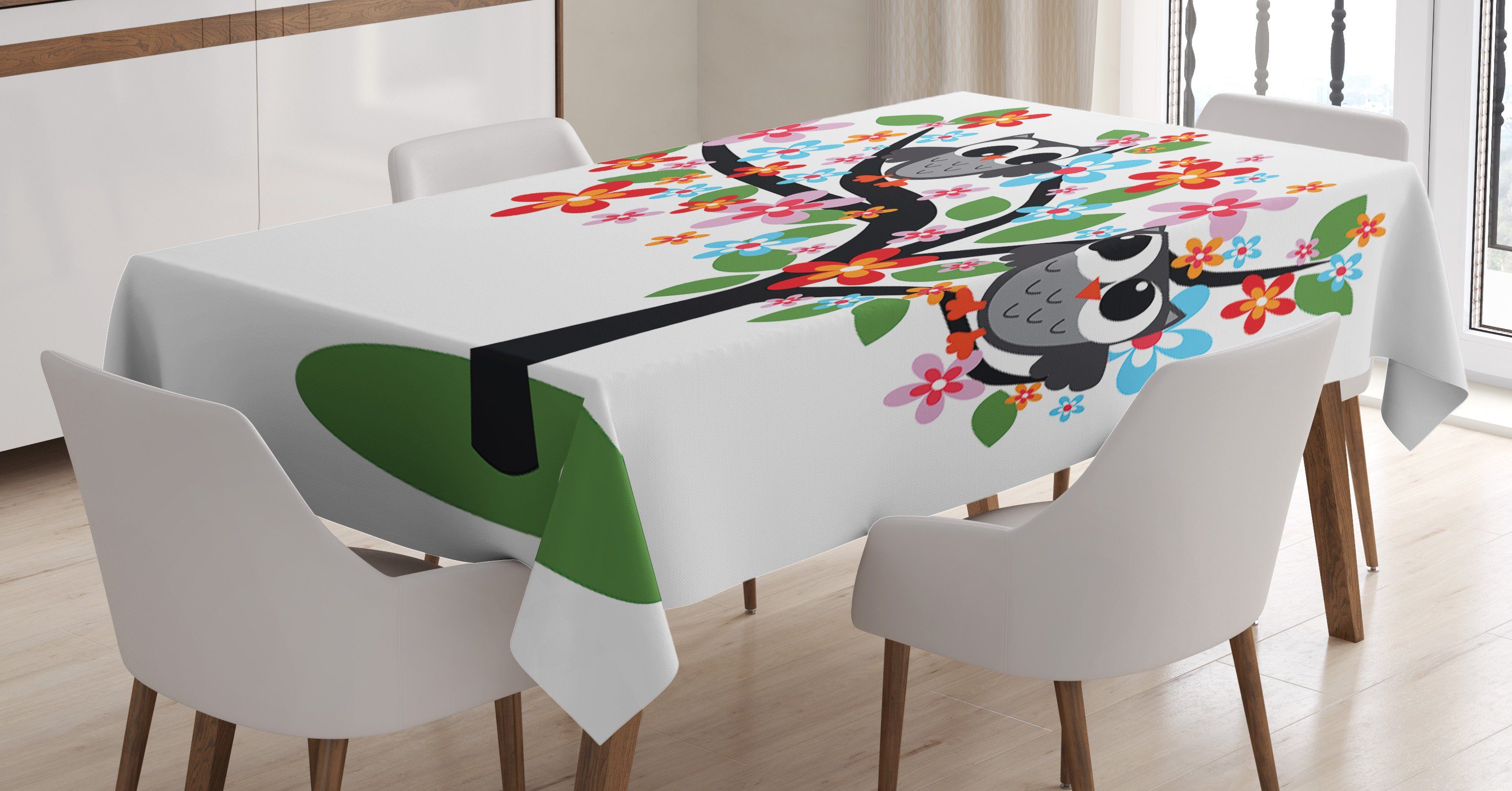 Abakuhaus Tischdecke Farbfest Waschbar Für den Außen Bereich geeignet Klare Farben, Kindergarten 2 Flirty Eulen auf Baum | Tischdecken