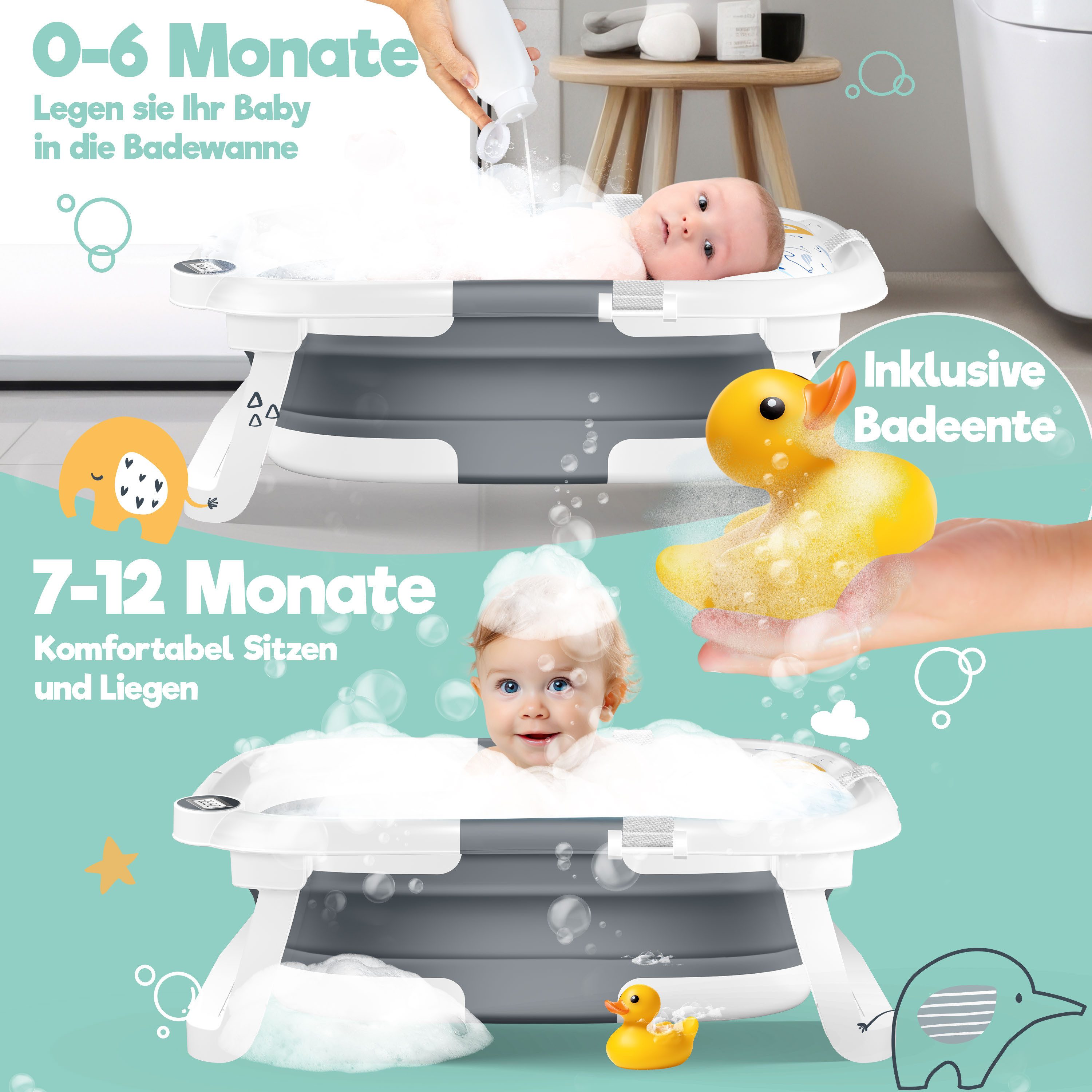 KIDIZ Babybadewanne, Baby Badewanne für Neugeborene Kleinkinder 0-12 Monate Babywanne