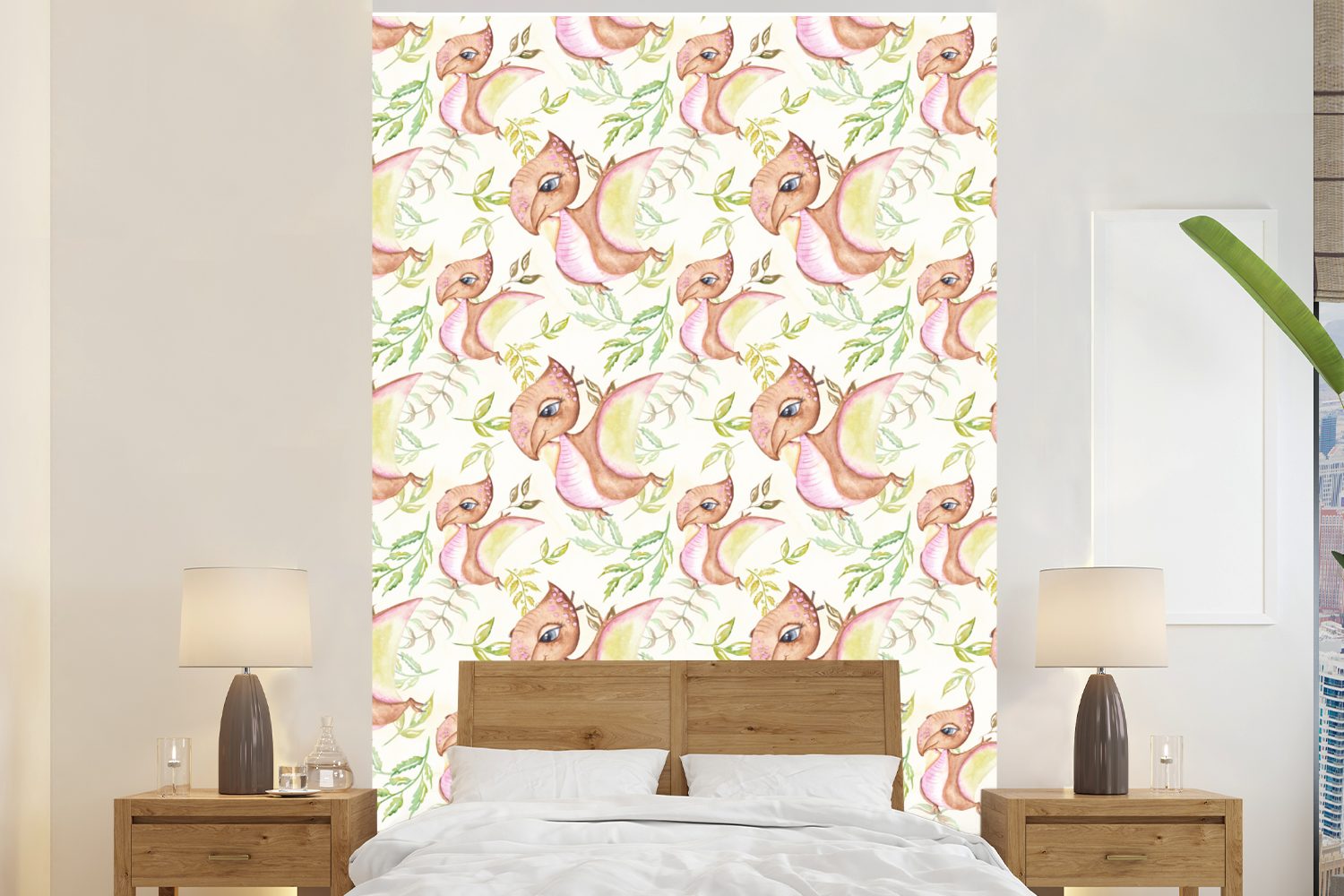 MuchoWow Fototapete Kinderzimmer - Dinosaurier - Blätter - Mädchen - Kinder - Rosa -, Matt, bedruckt, (3 St), Montagefertig Vinyl Tapete für Wohnzimmer, Wandtapete