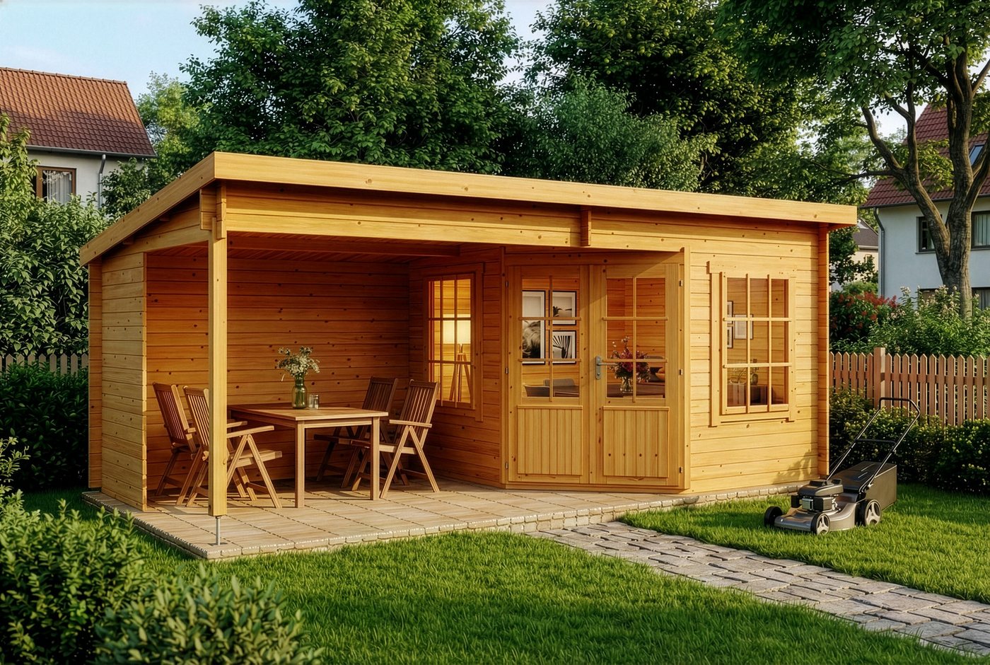 Alpholz Gartenhaus Holz Carl Imprägniert 28mm Wandstärke, BxT: 598x330 cm, in Imprägniert (Pinie) mit 28mm Wandstärke