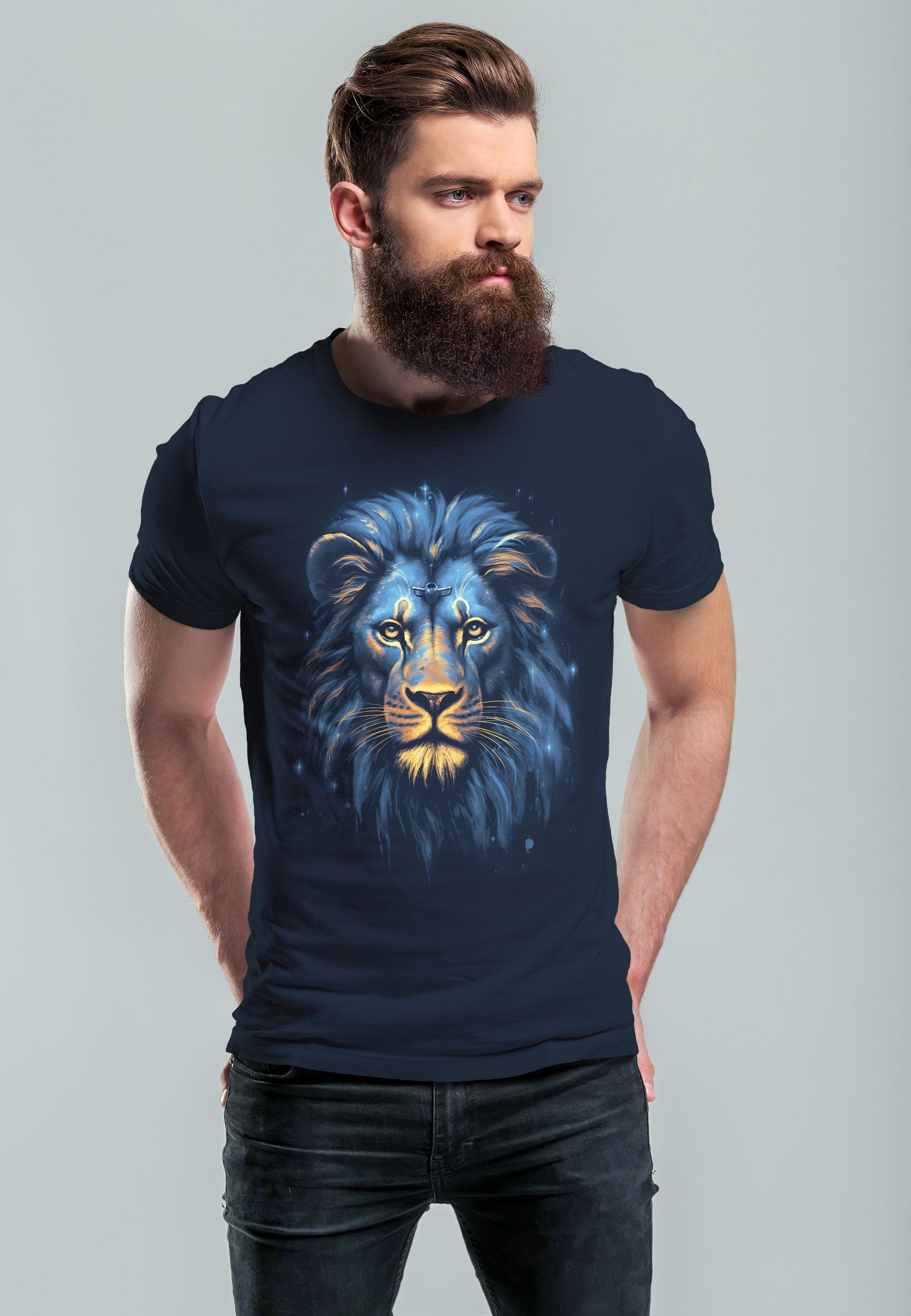 Printsh T-Shirt mit Löwe Lion Neverless Print-Shirt Aufdruck Herren navy Kunst Illustration Art-Print Print