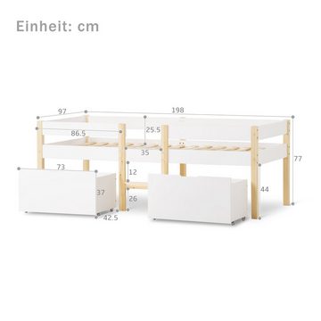 Fangqi Kinderbett 90x190/90x200 cm Jugendbett,2 groß Schublade mit Rollen,Rausfallschutz (Packung), mit zwei großen Schubladen, mit Zaun