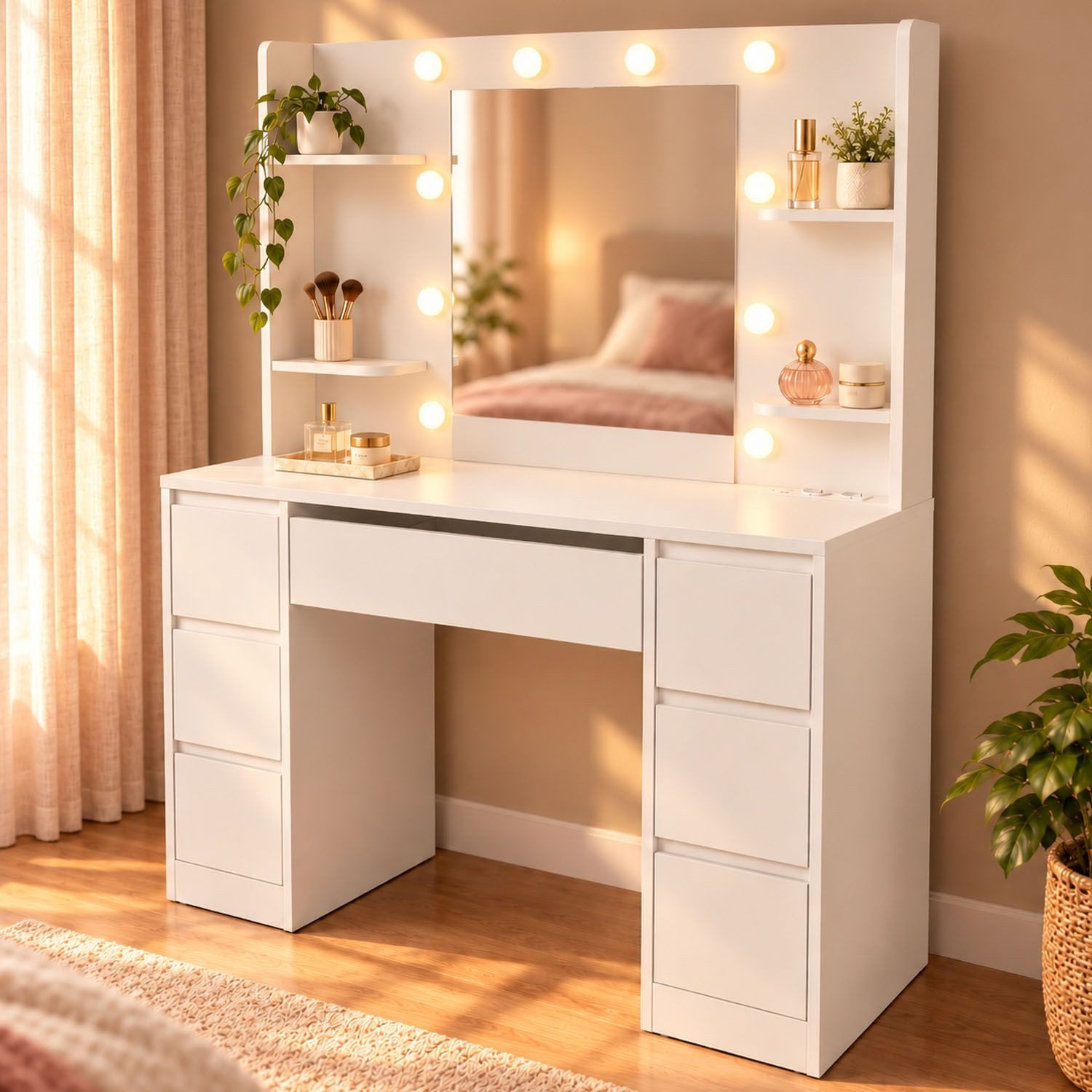 Juskys Schminktisch Malia in Weiß mit LED-Spiegel, 7 Schubladen, Fächern & USB-Anschluss, Frisiertisch mit 10 dimmbaren LEDs in 3 Lichtfarben, 107 x 40 x 140 cm