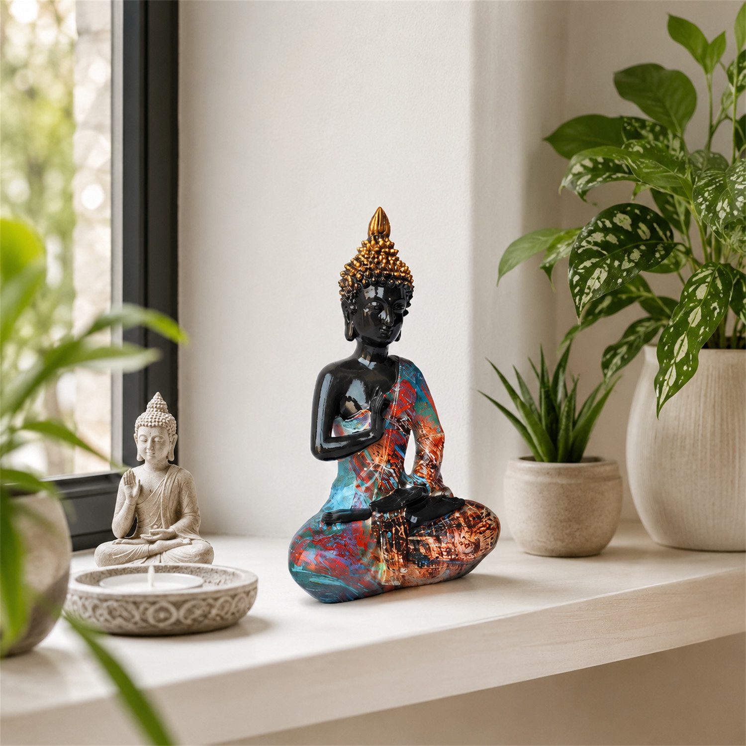 INtrenDU Buddhafigur bunt 26 cm sitzend im Pop-Art-Stil (1 St), Möbelschonende Filzfüße