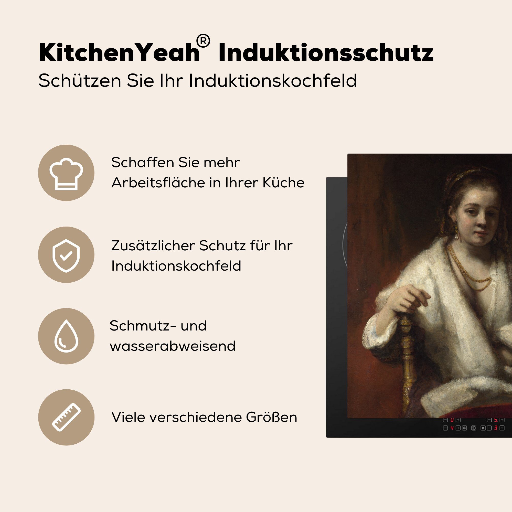 Arbeitsplatte Rembrandt Gemälde 78x78 küche von tlg), Stoffels Herdblende-/Abdeckplatte MuchoWow (1 Hendrickje von Vinyl, Ceranfeldabdeckung, - für Rijn, cm, van Porträt