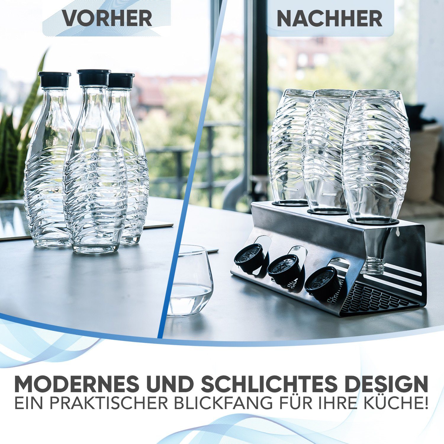 Loco Bird Flaschenhalter für SodaStream aus Edelstahl mit Kantenschutz, (Für, 3-St., Flaschen mit Flaschenbürste und Abtropfmatte), für Soda Stream Crystal, Easy, Fuse, Emil Flaschen