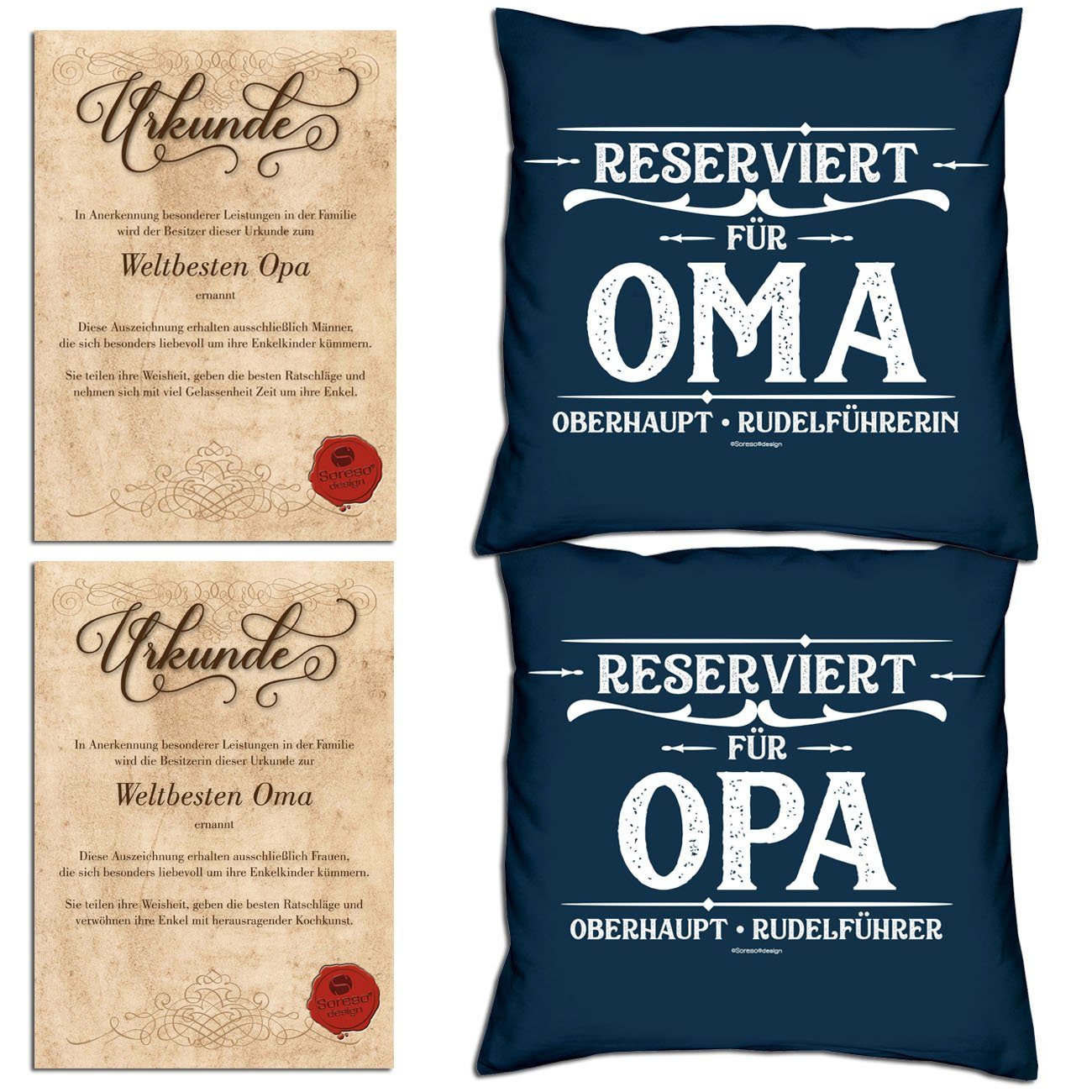 Soreso® Dekokissen Kissen-Set Reserviert für Opa Reserviert für Oma mit Urkunden, Vatertagsgeschenk Muttertagsgeschenk im Geschenk-Set navy-blau
