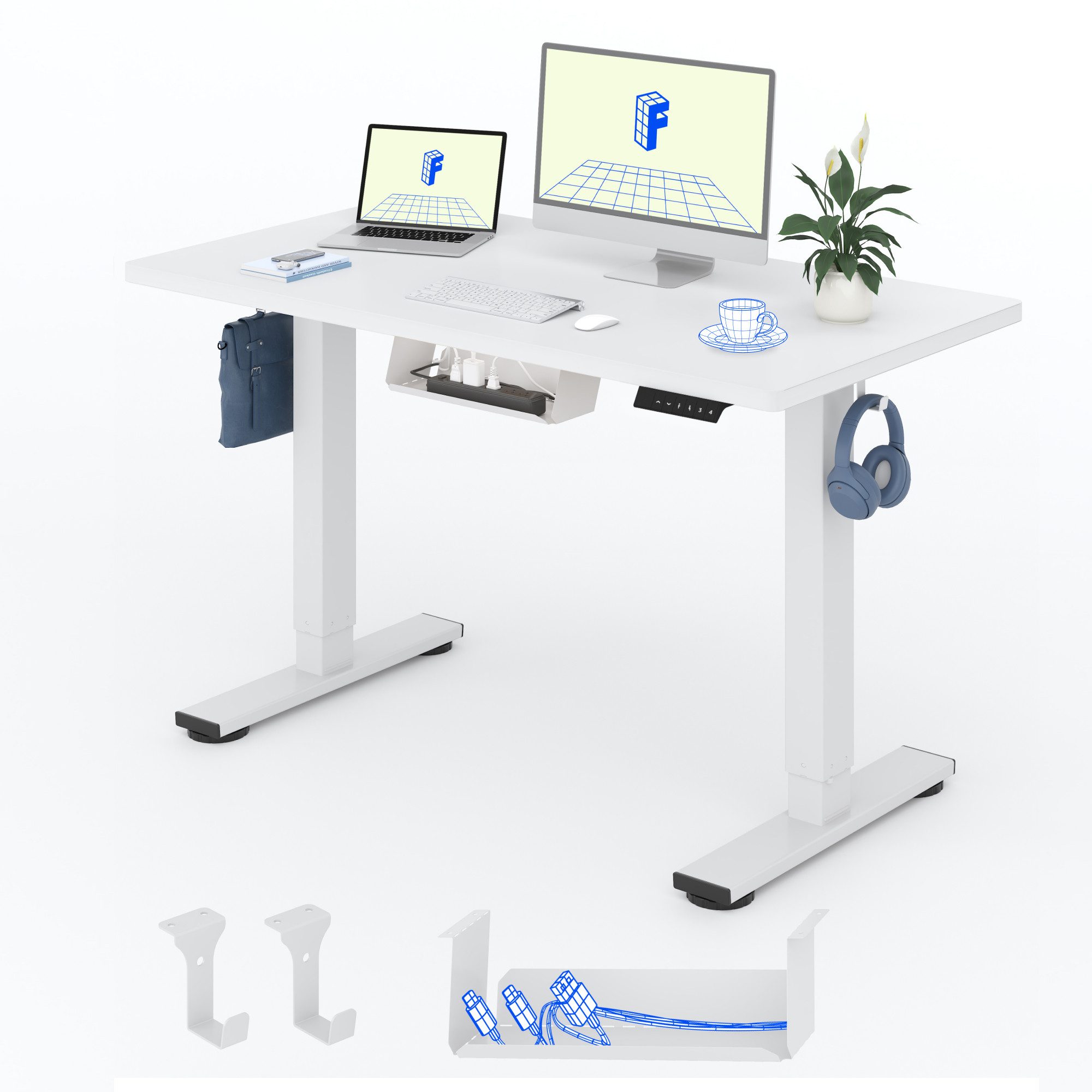 FLEXISPOT Schreibtisch Basic-Series Elektrisch höhenverstellbarer Schreibtisch (Anti-Kollisions-system, 2- Fach-Teleskop, mit Haken, mit Aufbewahrungsbox, LED-Display), MAX. Load: 70kg, 100/110/120/140/160, MIT einteilige Tischplatte