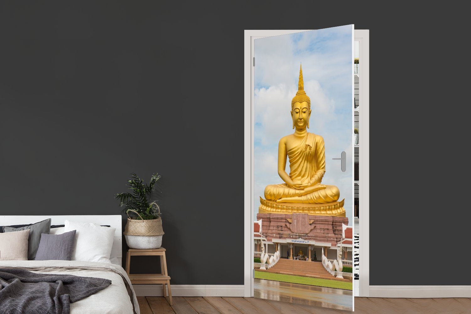 - MuchoWow St), cm (1 Buddha-Statue Gold Türaufkleber, - 75x205 Buddha Fototapete Matt, Türtapete bedruckt, Religion, Tür, - für