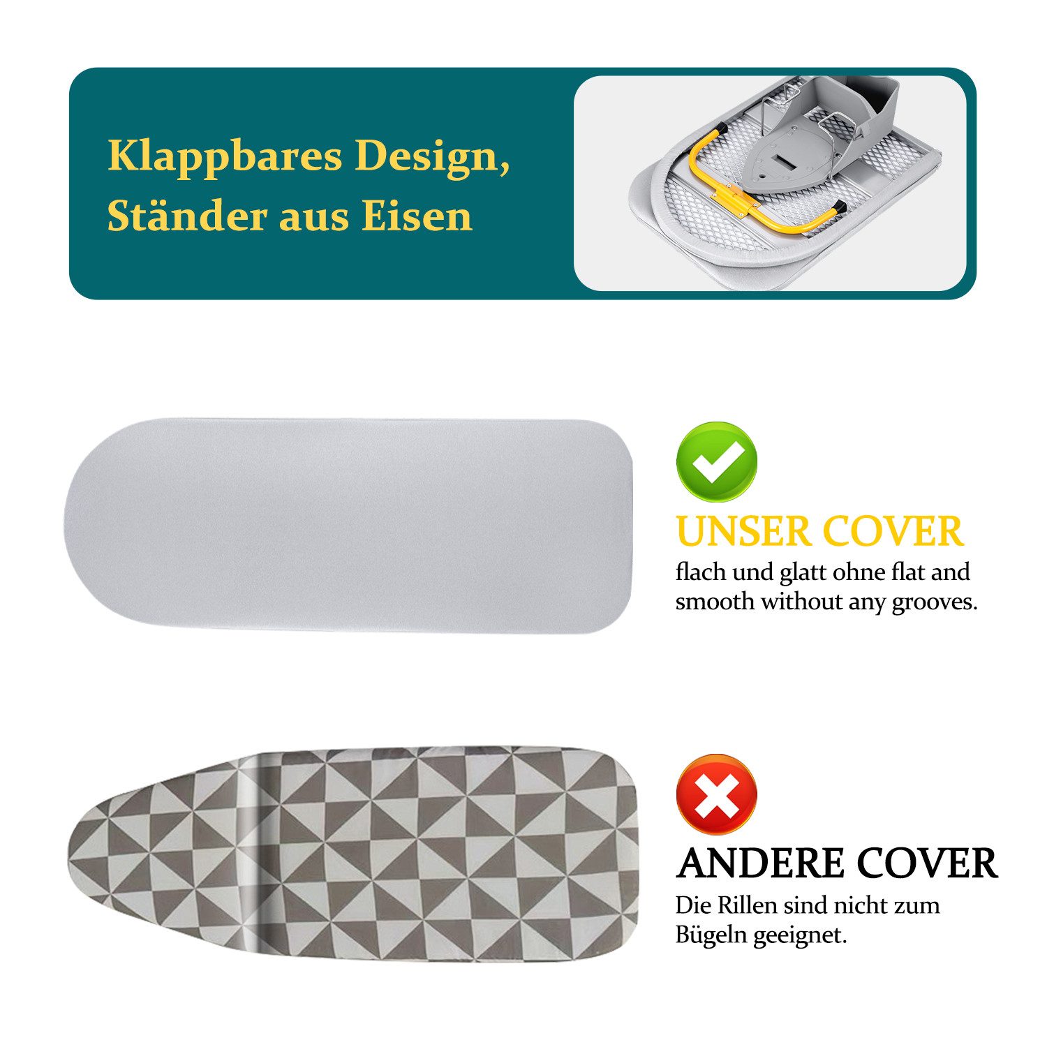 CkeyiN Pro Bügelbrett Tischplatte Bügeltisch kompakte,Platzsparender Faltbarer Bügeltisch, Bügelfläche 33x90 cm, Baumwollbezug, Platzsparend zusammenklappbar