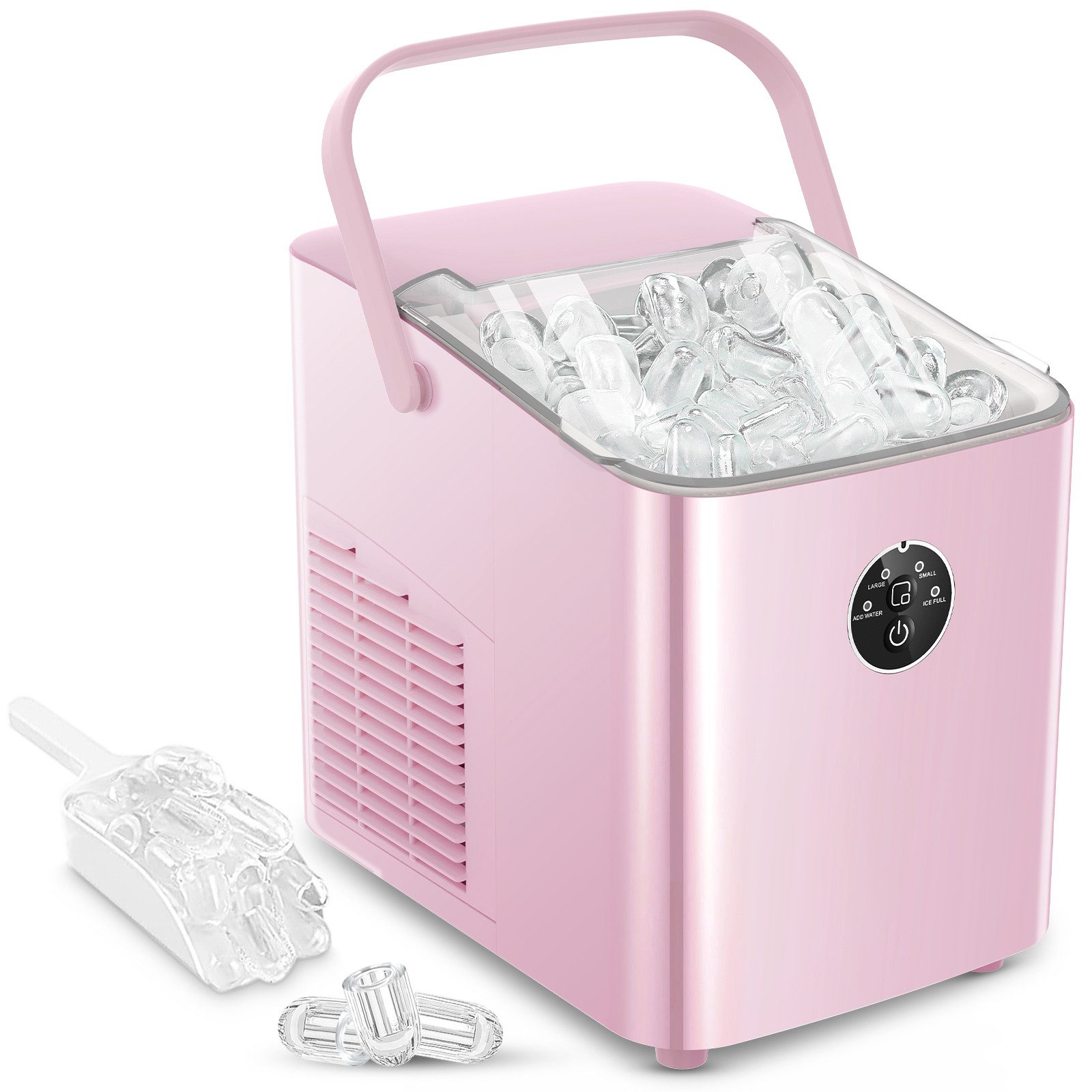 FOHERE Eiswürfelmaschine Klein, 14kg/24h, 6 Min. Eis, 2 Bullet Ice Größen, selbstreinigend, Party/Büro, rosa