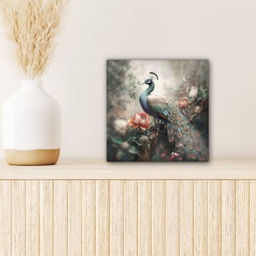OneMillionCanvasses® Leinwandbild Pfau - Pfauenfedern - Vogel - Dschungel - Blumen, (1 St), Leinwand Bilder für Wohnzimmer Schlafzimmer, 20x20 cm